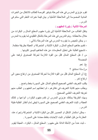 55
‫ﺍﻟﺨﺒﺮﺍﺕ‬ ‫ﻣﻦ‬ ‫ﻟﻼﻧﺘﻘﺎﻝ‬ ‫ﻟﻠﻄﺎﻟﺐ‬ ‫ﺍﻟﻔﺮﺻﺔ‬ ‫ﺑﺘﻮﻓﻴﺮ‬ ‫ﺍﻟﻤﺮﺣﻠﺔ‬ ‫ﻫﺬﻩ‬ ‫ﻓﻲ‬ ‫ﺍﻟﻤﺪﺭﺱ‬ ‫ﻋﺰﻳﺰﻱ‬ ‫ﺗﻘﻮﻡ‬
‫ﻓﻲ‬ ‫ﺳﺘﺘﻢ‬ ‫ﺍﻟﺘﻲ‬ ‫ﺍﻟﺘﻌﻠﻢ‬ ‫ﺧﺒﺮﺍﺕ‬ ‫ﻗﻴﻤﺔ‬ ‫ﺑﻴﺎﻥ‬ ‫ﻭ‬ ‫ﺍﻟﺘﺄﻣﻠﻴﺔ‬ ‫ﺍﻟﻤﻼﺣﻈﺔ‬ ‫ﺇﻟﻰ‬ ‫ﺍﻟﻤﺤﺴﻮﺳﺔ‬ ‫ﺍﻟﻤﺎﺩﻳﺔ‬
. ‫ﺍﻟﺪﺭﺱ‬
: ‫ﺍﻟﻤﻔﻬﻮﻡ‬ ‫ﺑﻠﻮﺭﺓ‬ : ‫ﺍﻟﺜﺎﻧﻴﺔ‬ ‫ﺍﻟﻤﺮﺣﻠﺔ‬
‫ﻣﻦ‬ ‫ﺍﻟﺒﻜﺮﺍﺕ‬ ‫ﻭ‬ ‫ﺍﻟﻤﺎﺋﻞ‬ ‫ﺍﻟﺴﻄﺢ‬ ‫ﻣﻔﻬﻮﻡ‬ ‫ﺑﻠﻮﺭﺓ‬ ‫ﺇﻟﻰ‬ ‫ﺍﻟﺘﺄﻣﻠﻴﺔ‬ ‫ﺍﻟﻤﻼﺣﻈﺔ‬ ‫ﻣﻦ‬ ‫ﺍﻟﻄﺎﻟﺐ‬ ‫ﻳﻨﺘﻘﻞ‬
‫ﺍﻟﻤﺪﺭﺱ‬ ‫ﺑﻪ‬ ‫ﻳﻘﻮﻡ‬ ‫ﻟﻤﺎ‬ ‫ﺍﻟﺘﻘﻠﻴﺪﻱ‬ ‫ﺑﺎﻟﺸﻜﻞ‬ ‫ﺍﻟﻤﺮﺣﻠﺔ‬ ‫ﻫﺬﻩ‬ ‫ﻓﻲ‬ ‫ﺍﻟﺘﺪﺭﻳﺲ‬ ‫ﻭﻳﺘﻢ‬ ‫ﻣﻼﺣﻈﺎﺗﻪ‬ ‫ﺧﻼﻝ‬
: ‫ﺑﺎﻻﺗﻲ‬ ‫ﺍﻟﻤﺮﺣﻠﺔ‬ ‫ﻫﺬﻩ‬ ‫ﻓﻲ‬ ‫ﺍﻟﻤﺪﺭﺱ‬ ‫ﺑﻪ‬ ‫ﻳﻘﻮﻡ‬ ‫ﻣﺎ‬ ‫ﺗﻠﺨﻴﺺ‬ ‫ﻳﻤﻜﻦ‬ ‫ﻭ‬ ،
.‫ﻣﻨﻈﻤﺔ‬ ‫ﺑﻄﺮﻳﻘﺔ‬ ‫ﺍﻟﻌﺠﻠﺔ‬ ‫ﻭ‬ ‫ﺍﻟﻤﺘﺤﺮﻛﺔ‬ ‫ﻭ‬ ‫ﺍﻟﺜﺎﺑﺘﺔ‬ ‫ﺍﻟﺒﻜﺮﺓ‬ ‫ﻭ‬ ‫ﺍﻟﻤﺎﺋﻞ‬ ‫ﺍﻟﺴﻄﺢ‬ ‫ﻣﻔﺎﻫﻴﻢ‬ ‫ﺗﻘﺪﻳﻢ‬ -
. ‫ﺗﻜﻮﻳﻨﻬﺎ‬ ‫ﻟﺘﻴﺴﻴﺮ‬ ‫ﺍﻟﻤﻔﺎﻫﻴﻢ‬ ‫ﻫﺬﻩ‬ ‫ﻋﻦ‬ ‫ﺍﻟﻤﻌﻠﻮﻣﺎﺕ‬ ‫ﺗﺤﻠﻴﻞ‬ ‫ﻋﻠﻰ‬ ‫ﺍﻟﻄﻠﺒﺔ‬ ‫ﺗﺸﺠﻴﻊ‬ -
‫ﻋﻠﻰ‬ ‫ﻟﺮﻓﻌﻪ‬ ‫ﺍﻟﺼﻨﺪﻭﻕ‬ ‫ﻟﺤﺮﻛﺔ‬ ‫ﺍﻟﻼﺯﻣﺔ‬ ‫ﺍﻟﻘﻮﺓ‬ ‫ﻣﻦ‬ ‫ﻗﻠﻞ‬ ‫ﺍﻟﻤﺎﺋﻞ‬ ‫ﺍﻟﺴﻄﺢ‬ ‫ﻫﻞ‬ / ‫ﺱ‬
‫ﺍﻟﻤﻨﻀﺪﺓ؟‬
‫ﻧﻌﻢ‬ /‫ﺝ‬
‫؟‬ ‫ﻧﺴﺘﻨﺘﺞ‬ ‫ﻣﺎﺫﺍ‬ /‫ﺱ‬
‫ﺍﻟﻰ‬ ‫ﻣﻌﻴﻦ‬ ‫ﺍﺭﺗﻔﺎﻉ‬ ‫ﻣﻦ‬ ‫ﺍﻟﺼﻨﺪﻭﻕ‬ ‫ﻟﺤﺮﻛﺔ‬ ‫ﺍﻟﻼﺯﻣﺔ‬ ‫ﺍﻟﻘﻮﺓ‬ ‫ﻣﻦ‬ ‫ﻗﻠﻞ‬ ‫ﺍﻟﻤﺎﺋﻞ‬ ‫ﺍﻟﺴﻄﺢ‬ ‫ﺃﻥ‬ /‫ﺝ‬
. ‫ﺍﺧﺮ‬ ‫ﺍﺭﺗﻔﺎﻉ‬
. ‫ﻭﺍﺿﺢ‬ ‫ﺑﺨﻂ‬ ‫ﺍﻟﺴﺒﻮﺭﺓ‬ ‫ﻋﻠﻰ‬ ‫ﺍﻟﻤﺎﺋﻞ‬ ‫ﻟﻠﺴﻄﺢ‬ ‫ﺍﻟﺼﺤﻴﺢ‬ ‫ﺍﻟﻌﻠﻤﻲ‬ ‫ﺍﻟﺘﻌﺮﻳﻒ‬ ‫ﻳﻜﺘﺐ‬
‫ﻣﻨﻬﻢ‬ ‫ﺍﻟﻄﻠﺐ‬ ‫ﻭ‬ ‫ﺍﻟﻤﻔﻬﻮﻡ‬ ‫ﺍﺳﻢ‬ ‫ﺇﻋﻄﺎﺋﻬﻢ‬ ‫ﺛﻢ‬ ، ‫ﺩﻓﺎﺗﺮﻫﻢ‬ ‫ﻓﻲ‬ ‫ﺍﻟﺘﻌﺮﻳﻒ‬ ‫ﻛﺘﺎﺑﺔ‬ ‫ﻣﻨﻬﻢ‬ ‫ﻭﻳﻄﻠﺐ‬
. ‫ﺍﻟﺼﺤﻴﺢ‬ ‫ﺍﻟﻌﻠﻤﻲ‬ ‫ﺍﻟﺘﻌﺮﻳﻒ‬ ‫ﺗﻌﺮﻳﻔﻪ‬
‫ﻛﺬﻟﻚ‬ ‫ﻭ‬ ‫ﺃﻧﻮﺍﻋﻬﺎ‬ ‫ﻭ‬ ‫ﺍﻟﺒﻜﺮﺓ‬ ‫ﻣﻔﻬﻮﻡ‬ ‫ﺗﻘﺪﻡ‬ ‫ﺍﻥ‬ ‫ﺍﻟﻤﺪﺭﺱ‬ ‫ﻋﺰﻳﺰﻱ‬ ‫ﻳﻤﻜﻨﻚ‬ ‫ﺍﻟﻄﺮﻳﻘﺔ‬ ‫ﻭﺑﻬﺬﻩ‬
‫ﻃﻴﻠﺔ‬ ‫ﺍﻟﻄﻠﺒﺔ‬ ‫ﺃﻧﻈﺎﺭ‬ ‫ﺇﻣﺎﻡ‬ ‫ﻟﻴﺒﻘﻰ‬ ‫ﺍﻟﺴﺒﻮﺭﺓ‬ ‫ﻋﻠﻰ‬ ‫ﺍﻟﺼﺤﻴﺢ‬ ‫ﺍﻟﻌﻠﻤﻲ‬ ‫ﺍﻟﺘﻌﺮﻳﻒ‬ ‫ﺗﺜﺒﺖ‬ ‫ﻭ‬ ‫ﺍﻟﻌﺠﻠﺔ‬
. ‫ﺍﻟﺪﺭﺱ‬
‫ﻫﺬﻩ‬ ‫ﻭﺇﺟﺮﺍء‬ ‫ﺍﻟﻤﺘﺤﺮﻛﺔ‬ ‫ﻭ‬ ‫ﺍﻟﺜﺎﺑﺘﺔ‬ ‫ﺍﻟﺒﻜﺮﺓ‬ ‫ﻣﻦ‬ ‫ﻟﻜﻞ‬ ‫ﺍﻟﻤﺼﻮﺭ‬ ‫ﺍﻭ‬ ‫ﺍﻟﺸﻜﻞ‬ ‫ﺍﺳﺘﺜﻤﺎﺭ‬ ‫ﻳﻤﻜﻦ‬ -
. ‫ﺍﻟﺴﺒﻮﺭﺓ‬ ‫ﻋﻠﻰ‬ ‫ﻣﺤﺪﺩﺓ‬ ‫ﺑﻨﻘﺎﻁ‬ ‫ﺍﻹﺟﺎﺑﺎﺕ‬ ‫ﺗﺜﺒﺖ‬ ‫ﻭ‬ ‫ﺍﻟﻄﻠﺒﺔ‬ ‫ﻗﺒﻞ‬ ‫ﻣﻦ‬ ‫ﺍﻟﻤﻘﺎﺭﻧﺔ‬
‫ﻟﻴﻘﻮﻡ‬ ‫ﺍﻟﻌﺠﻠﺔ‬ ، ‫ﺍﻟﺒﻜﺮﺓ‬ ، ‫ﺍﻟﻤﺎﺋﻞ‬ ‫ﺍﻟﺴﻄﺢ‬ : ‫ﻣﻔﻬﻮﻡ‬ ‫ﻋﻠﻰ‬ ‫ﺍﻟﺪﺍﻟﺔ‬ ‫ﺍﻷﻣﺜﻠﺔ‬ ‫ﻣﻦ‬ ً‫ﻋﺪﺩﺍ‬ ‫ﺛﺒﺖ‬ -
 