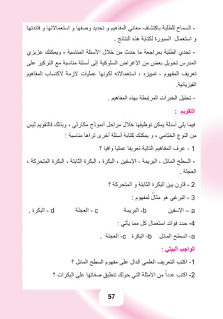 57
‫ﻓﺎﺋﺪﺗﻬﺎ‬ ‫ﻭ‬ ‫ﺍﺳﺘﻌﻤﺎﻻﺗﻬﺎ‬ ‫ﻭ‬ ‫ﻭﺻﻔﻬﺎ‬ ‫ﺗﺤﺪﻳﺪ‬ ‫ﻭ‬ ‫ﺍﻟﻤﻔﺎﻫﻴﻢ‬ ‫ﻣﻌﺎﻧﻲ‬ ‫ﺑﺎﻛﺘﺸﺎﻑ‬ ‫ﻟﻠﻄﻠﺒﺔ‬ ‫ﺍﻟﺴﻤﺎﺡ‬ -
. ‫ﺍﻟﻨﺘﺎﺋﺞ‬ ‫ﻫﺬﻩ‬ ‫ﻟﻜﺘﺎﺑﺔ‬ ‫ﺍﻟﺴﺒﻮﺭﺓ‬ ‫ﺍﺳﺘﻌﻤﺎﻝ‬ ‫ﻭ‬
‫ﻋﺰﻳﺰﻱ‬ ‫ﻭﻳﻤﻜﻨﻚ‬ ، ‫ﺍﻟﻤﻨﺎﺳﺒﺔ‬ ‫ﺍﻷﺳﺌﻠﺔ‬ ‫ﺧﻼﻝ‬ ‫ﻣﻦ‬ ‫ﺣﺪﺙ‬ ‫ﻣﺎ‬ ‫ﺑﻤﺮﺍﺟﻌﺔ‬ ‫ﺍﻟﻄﻠﺒﺔ‬ ‫ﺗﺤﺪﻱ‬ -
‫ﻋﻠﻰ‬ ‫ﺍﻟﺘﺮﻛﻴﺰ‬ ‫ﻣﻊ‬ ‫ﻣﻨﺎﺳﺒﺔ‬ ‫ﺃﺳﺌﻠﺔ‬ ‫ﺇﻟﻰ‬ ‫ﺍﻟﺴﻠﻮﻛﻴﺔ‬ ‫ﺍﻹﻏﺮﺍﺽ‬ ‫ﻣﻦ‬ ٍ‫ﺾ‬‫ﺑﻌ‬ ‫ﺗﺤﻮﻳﻞ‬ ‫ﺍﻟﻤﺪﺭﺱ‬
‫ﺍﻟﻤﻔﺎﻫﻴﻢ‬ ‫ﻻﻛﺘﺴﺎﺏ‬ ‫ﻻﺯﻣﺔ‬ ‫ﻋﻤﻠﻴﺎﺕ‬ ‫ﻟﻜﻮﻧﻬﺎ‬ ‫ﺍﺳﺘﻌﻤﺎﻻﺗﻪ‬ ، ‫ﺗﻤﻴﻴﺰﻩ‬ ، ‫ﺍﻟﻤﻔﻬﻮﻡ‬ ‫ﺗﻌﺮﻳﻒ‬
.‫ﺍﻟﻔﻴﺰﻳﺎﺋﻴﺔ‬
. ‫ﺍﻟﻤﻔﺎﻫﻴﻢ‬ ‫ﺑﻬﺬﻩ‬ ‫ﺍﻟﻤﺮﺗﺒﻄﺔ‬ ‫ﺍﻟﺨﺒﺮﺍﺕ‬ ‫ﺗﺤﻠﻴﻞ‬ -
: ‫ﺍﻟﺘﻘﻮﻳﻢ‬
‫ﻟﻴﺲ‬ ‫ﻓﺎﻟﺘﻘﻮﻳﻢ‬ ‫ﻭﺑﺬﻟﻚ‬ ، ‫ﻣﻜﺎﺭﺛﻲ‬ ‫ﺃﻧﻤﻮﺫﺝ‬ ‫ﻣﺮﺍﺣﻞ‬ ‫ﺧﻼﻝ‬ ‫ﺗﻮﻇﻴﻔﻬﺎ‬ ‫ﻳﻤﻜﻦ‬ ‫ﺃﺳﺌﻠﺔ‬ ‫ﻳﻠﻲ‬ ‫ﻓﻴﻤﺎ‬
: ‫ﻣﻨﺎﺳﺒﺔ‬ ‫ﺗﺮﺍﻫﺎ‬ ‫ﺃﺧﺮﻯ‬ ‫ﺃﺳﺌﻠﺔ‬ ‫ﻛﺘﺎﺑﺔ‬ ‫ﻳﻤﻜﻨﻚ‬ ‫ﻭ‬ ، ‫ﺍﻟﺨﺘﺎﻣﻲ‬ ‫ﺍﻟﻨﻮﻉ‬ ‫ﻣﻦ‬
‫؟‬ ‫ﻭﺍﻓﻴﺎ‬ ‫ﻋﻤﻠﻴﺎ‬ ‫ﺗﻌﺮﻳﻔﺎ‬ ‫ﺍﻟﺘﺎﻟﻴﺔ‬ ‫ﺍﻟﻤﻔﺎﻫﻴﻢ‬ ‫ﻋﺮﻑ‬ - 1
، ‫ﺍﻟﻤﺘﺤﺮﻛﺔ‬ ‫ﺍﻟﺒﻜﺮﺓ‬ ، ‫ﺍﻟﺜﺎﺑﺘﺔ‬ ‫ﺍﻟﺒﻜﺮﺓ‬ ، ‫ﺍﻟﺒﻜﺮﺓ‬ ، ‫ﺍﻹﺳﻔﻴﻦ‬ ، ‫ﺍﻟﺒﺮﻳﻤﺔ‬ ، ‫ﺍﻟﻤﺎﺋﻞ‬ ‫ﺍﻟﺴﻄﺢ‬ -
. ‫ﺍﻟﻌﺠﻠﺔ‬
‫؟‬ ‫ﺍﻟﻤﺘﺤﺮﻛﺔ‬ ‫ﻭ‬ ‫ﺍﻟﺜﺎﺑﺘﺔ‬ ‫ﺍﻟﺒﻜﺮﺓ‬ ‫ﺑﻴﻦ‬ ‫ﻗﺎﺭﻥ‬ - 2
: ‫ﻟﻤﻔﻬﻮﻡ‬ ٌ‫ﻣﺜﺎﻝ‬ ‫ﻫﻮ‬ ‫ﺍﻟﺒﺮﻏﻲ‬ - 3
. ‫ﺍﻟﺒﻜﺮﺓ‬ - d ‫ﺍﻟﻌﺠﻠﺔ‬ - c ‫ﺍﻟﺒﺮﻳﻤﺔ‬ -b ‫ﺍﻹﺳﻔﻴﻦ‬ – a
: ‫ﻳﺄﺗﻲ‬ ‫ﻣﻤﺎ‬ ‫ﻛﻞ‬ ‫ﺍﺳﺘﻌﻤﺎﻝ‬ ‫ﻓﻮﺍﺋﺪ‬ ‫ﺣﺪﺩ‬ -4
. ‫ﺍﻟﻌﺠﻠﺔ‬ -c ‫ﺍﻟﺒﻜﺮﺓ‬ -b ‫ﺍﻟﻤﺎﺋﻞ‬ ‫ﺍﻟﺴﻄﺢ‬ -a
: ‫ﺃﻟﺒﻴﺘﻲ‬ ‫ﺍﻟﻮﺍﺟﺐ‬
‫؟‬ ‫ﺍﻟﻤﺎﺋﻞ‬ ‫ﺍﻟﺴﻄﺢ‬ ‫ﻣﻔﻬﻮﻡ‬ ‫ﻋﻠﻰ‬ ‫ﺍﻟﺪﺍﻝ‬ ‫ﺍﻟﻌﻠﻤﻲ‬ ‫ﺍﻟﺘﻌﺮﻳﻒ‬ ‫ﺍﻛﺘﺐ‬ -1
‫؟‬ ‫ﺍﻟﺒﻜﺮﺍﺕ‬ ‫ﻋﻠﻰ‬ ‫ﺻﻔﺎﺗﻬﺎ‬ ‫ﺗﻨﻄﺒﻖ‬ ‫ﺣﻮﻟﻚ‬ ‫ﺍﻟﺘﻲ‬ ‫ﺍﻷﻣﺜﻠﺔ‬ ‫ﻣﻦ‬ ً‫ﻋﺪﺩﺍ‬ ‫ﺍﻛﺘﺐ‬ -2
 