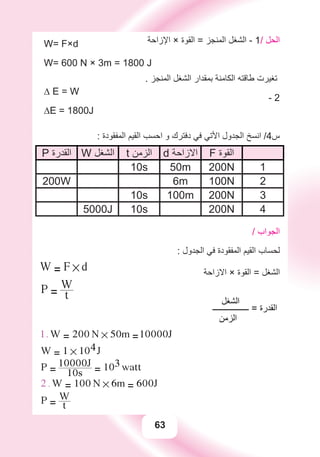 63
‫ﺍﻹﺯﺍﺣﺔ‬ × ‫ﺍﻟﻘﻮﺓ‬ = ‫ﺍﻟﻤﻨﺠﺰ‬ ‫ﺍﻟﺸﻐﻞ‬ - 1/ ‫ﺍﻟﺤﻞ‬W= F×d
W= 600 N × 3m = 1800 J
. ‫ﺍﻟﻤﻨﺠﺰ‬ ‫ﺍﻟﺸﻐﻞ‬ ‫ﺑﻤﻘﺪﺍﺭ‬ ‫ﺍﻟﻜﺎﻣﻨﺔ‬ ‫ﻃﺎﻗﺘﻪ‬ ‫ﺗﻐﻴﺮﺕ‬
- 2
∆ E = W
∆E = 1800J
: ‫ﺍﻟﻤﻔﻘﻮﺩﺓ‬ ‫ﺍﻟﻘﻴﻢ‬ ‫ﺍﺣﺴﺐ‬ ‫ﻭ‬ ‫ﺩﻓﺘﺮﻙ‬ ‫ﻓﻲ‬ ‫ﺍﻷﺗﻲ‬ ‫ﺍﻟﺠﺪﻭﻝ‬ ‫ﺍﻧﺴﺦ‬ /4‫ﺱ‬
F ‫ﺍﻟﻘﻮﺓ‬d ‫ﺍﻻﺯﺍﺣﺔ‬t ‫ﺍﻟﺰﻣﻦ‬W ‫ﺍﻟﺸﻐﻞ‬P ‫ﺍﻟﻘﺪﺭﺓ‬
1200N50m10s
2100N6m200W
3200N100m10s
4200N10s5000J
/ ‫ﺍﻟﺠﻮﺍﺏ‬
: ‫ﺍﻟﺠﺪﻭﻝ‬ ‫ﻓﻲ‬ ‫ﺍﻟﻤﻔﻘﻮﺩﺓ‬ ‫ﺍﻟﻘﻴﻢ‬ ‫ﻟﺤﺴﺎﺏ‬
W = F # d ‫ﺍﻻﺯﺍﺣﺔ‬ × ‫ﺍﻟﻘﻮﺓ‬ = ‫ﺍﻟﺸﻐﻞ‬
P = t
W
‫ﺍﻟﺸﻐﻞ‬
‫ــــــــــــــــــ‬ = ‫ﺍﻟﻘﺪﺭﺓ‬
‫ﺍﻟﺰﻣﻦ‬
1. W = 200 N # 50m =10000J
W = 1 # 104J
P = 10s
10000J
= 103 watt
2 . W = 100 N # 6m = 600J
P = t
W
` t = P
W
t = 200watt
600J
= 3s
 