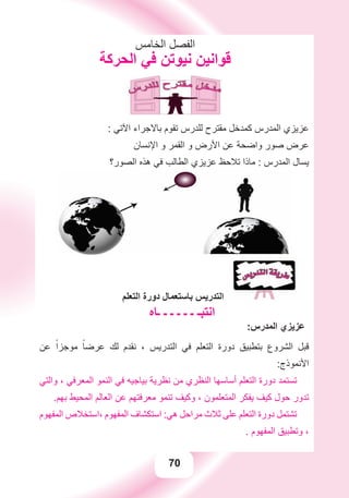 70
‫ﺍﻟﺨﺎﻣﺲ‬ ‫ﺍﻟﻔﺼﻞ‬
‫ﺍﻟﺤﺮﻛﺔ‬ ‫ﻓﻲ‬ ‫ﻧﻴﻮﺗﻦ‬ ‫ﻗﻮﺍﻧﻴﻦ‬
: ‫ﺍﻵﺗﻲ‬ ‫ﺑﺎﻻﺟﺮﺍء‬ ‫ﺗﻘﻮﻡ‬ ‫ﻟﻠﺪﺭﺱ‬ ‫ﻣﻘﺘﺮﺡ‬ ‫ﻛﻤﺪﺧﻞ‬ ‫ﺍﻟﻤﺪﺭﺱ‬ ‫ﻋﺰﻳﺰﻱ‬
‫ﺍﻹﻧﺴﺎﻥ‬ ‫ﻭ‬ ‫ﺍﻟﻘﻤﺮ‬ ‫ﻭ‬ ‫ﺍﻷﺭﺽ‬ ‫ﻋﻦ‬ ‫ﻭﺍﺿﺤﺔ‬ ‫ﺻﻮﺭ‬ ‫ﻋﺮﺽ‬
‫ﺍﻟﺼﻮﺭ؟‬ ‫ﻫﺬﻩ‬ ‫ﻓﻲ‬ ‫ﺍﻟﻄﺎﻟﺐ‬ ‫ﻋﺰﻳﺰﻱ‬ ‫ﺗﻼﺣﻆ‬ ‫ﻣﺎﺫﺍ‬ : ‫ﺍﻟﻤﺪﺭﺱ‬ ‫ﻳﺴﺎﻝ‬
‫ﺍﻟﺘﻌﻠﻢ‬ ‫ﺩﻭﺭﺓ‬ ‫ﺑﺎﺳﺘﻌﻤﺎﻝ‬ ‫ﺍﻟﺘﺪﺭﻳﺲ‬
‫ـﺎﻩ‬ ‫ـ‬ ‫ـ‬ ‫ـ‬ ‫ـ‬ ‫ـ‬ ‫ﺍﻧﺘﺒـ‬
:‫ﺍﻟﻤﺪﺭﺱ‬ ‫ﻋﺰﻳﺰﻱ‬
‫ﻋﻦ‬ ً‫ﻣﻮﺟﺰﺍ‬ ً‫ﻋﺮﺿﺎ‬ ‫ﻟﻚ‬ ‫ﻧﻘﺪﻡ‬ ، ‫ﺍﻟﺘﺪﺭﻳﺲ‬ ‫ﻓﻲ‬ ‫ﺍﻟﺘﻌﻠﻢ‬ ‫ﺩﻭﺭﺓ‬ ‫ﺑﺘﻄﺒﻴﻖ‬ ‫ﺍﻟﺸﺮﻭﻉ‬ ‫ﻗﺒﻞ‬
:‫ﺍﻷﻧﻤﻮﺫﺝ‬
‫ﻭﺍﻟﺘﻲ‬ ، ‫ﺍﻟﻤﻌﺮﻓﻲ‬ ‫ﺍﻟﻨﻤﻮ‬ ‫ﻓﻲ‬ ‫ﺑﻴﺎﺟﻴﻪ‬ ‫ﻧﻈﺮﻳﺔ‬ ‫ﻣﻦ‬ ‫ﺍﻟﻨﻈﺮﻱ‬ ‫ﺃﺳﺎﺳﻬﺎ‬ ‫ﺍﻟﺘﻌﻠﻢ‬ ‫ﺩﻭﺭﺓ‬ ‫ﺗﺴﺘﻤﺪ‬
.‫ﺑﻬﻢ‬ ‫ﺍﻟﻤﺤﻴﻂ‬ ‫ﺍﻟﻌﺎﻟﻢ‬ ‫ﻋﻦ‬ ‫ﻣﻌﺮﻓﺘﻬﻢ‬ ‫ﺗﻨﻤﻮ‬ ‫ﻭﻛﻴﻒ‬ ، ‫ﺍﻟﻤﺘﻌﻠﻤﻮﻥ‬ ‫ﻳﻔﻜﺮ‬ ‫ﻛﻴﻒ‬ ‫ﺣﻮﻝ‬ ‫ﺗﺪﻭﺭ‬
‫ﺍﻟﻤﻔﻬﻮﻡ‬ ‫،ﺍﺳﺘﺨﻼﺹ‬ ‫ﺍﻟﻤﻔﻬﻮﻡ‬ ‫ﺍﺳﺘﻜﺸﺎﻑ‬ :‫ﻫﻲ‬ ‫ﻣﺮﺍﺣﻞ‬ ‫ﺛﻼﺙ‬ ‫ﻋﻠﻰ‬ ‫ﺍﻟﺘﻌﻠﻢ‬ ‫ﺩﻭﺭﺓ‬ ‫ﺗﺸﺘﻤﻞ‬
. ‫ﺍﻟﻤﻔﻬﻮﻡ‬ ‫ﻭﺗﻄﺒﻴﻖ‬ ،
 