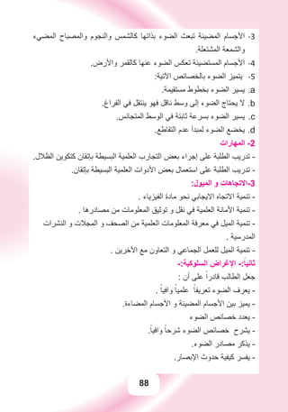 88
‫ﺍﻟﻤﻀﻲء‬ ‫ﻭﺍﻟﻤﺼﺒﺎﺡ‬ ‫ﻭﺍﻟﻨﺠﻮﻡ‬ ‫ﻛﺎﻟﺸﻤﺲ‬ ‫ﺑﺬﺍﺗﻬﺎ‬ ‫ﺍﻟﻀﻮء‬ ‫ﺗﺒﻌﺚ‬ ‫ﺍﻟﻤﻀﻴﺌﺔ‬ ‫ﺍﻷﺟﺴﺎﻡ‬ -3
.‫ﺍﻟﻤﺸﺘﻌﻠﺔ‬ ‫ﻭﺍﻟﺸﻤﻌﺔ‬
.‫ﻭﺍﻷﺭﺽ‬ ‫ﻛﺎﻟﻘﻤﺮ‬ ‫ﻋﻨﻬﺎ‬ ‫ﺍﻟﻀﻮء‬ ‫ﺗﻌﻜﺲ‬ ‫ﺍﻟﻤﺴﺘﻀﻴﺌﺔ‬ ‫ﺍﻷﺟﺴﺎﻡ‬ -4
:‫ﺍﻵﺗﻴﺔ‬ ‫ﺑﺎﻟﺨﺼﺎﺋﺺ‬ ‫ﺍﻟﻀﻮء‬ ‫ﻳﺘﻤﻴﺰ‬ -5
.‫ﻣﺴﺘﻘﻴﻤﺔ‬ ‫ﺑﺨﻄﻮﻁ‬ ‫ﺍﻟﻀﻮء‬ ‫ﻳﺴﻴﺮ‬ .a
.‫ﺍﻟﻔﺮﺍﻍ‬ ‫ﻓﻲ‬ ‫ﻳﻨﺘﻘﻞ‬ ‫ﻓﻬﻮ‬ ‫ﻧﺎﻗﻞ‬ ‫ﻭﺳﻂ‬ ‫ﺇﻟﻰ‬ ‫ﺍﻟﻀﻮء‬ ‫ﻳﺤﺘﺎﺝ‬ ‫ﻻ‬ .b
.‫ﺍﻟﻤﺘﺠﺎﻧﺲ‬ ‫ﺍﻟﻮﺳﻂ‬ ‫ﻓﻲ‬ ‫ﺛﺎﺑﺘﺔ‬ ‫ﺑﺴﺮﻋﺔ‬ ‫ﺍﻟﻀﻮء‬ ‫ﻳﺴﻴﺮ‬ .c
.d.‫ﺍﻟﺘﻘﺎﻃﻊ‬ ‫ﻋﺪﻡ‬ ‫ﻟﻤﺒﺪﺃ‬ ‫ﺍﻟﻀﻮء‬ ‫ﻳﺨﻀﻊ‬
‫ﺍﻟﻤﻬﺎﺭﺍﺕ‬ -2
.‫ﺍﻟﻈﻼﻝ‬ ‫ﻛﺘﻜﻮﻳﻦ‬ ‫ﺑﺈﺗﻘﺎﻥ‬ ‫ﺍﻟﺒﺴﻴﻄﺔ‬ ‫ﺍﻟﻌﻠﻤﻴﺔ‬ ‫ﺍﻟﺘﺠﺎﺭﺏ‬ ‫ﺑﻌﺾ‬ ‫ﺇﺟﺮﺍء‬ ‫ﻋﻠﻰ‬ ‫ﺍﻟﻄﻠﺒﺔ‬ ‫ﺗﺪﺭﻳﺐ‬ -
.‫ﺑﺈﺗﻘﺎﻥ‬ ‫ﺍﻟﺒﺴﻴﻄﺔ‬ ‫ﺍﻟﻌﻠﻤﻴﺔ‬ ‫ﺍﻷﺩﻭﺍﺕ‬ ‫ﺑﻌﺾ‬ ‫ﺍﺳﺘﻌﻤﺎﻝ‬ ‫ﻋﻠﻰ‬ ‫ﺍﻟﻄﻠﺒﺔ‬ ‫ﺗﺪﺭﻳﺐ‬ -
:‫ﺍﻟﻤﻴﻮﻝ‬ ‫ﻭ‬ ‫3-ﺍﻻﺗﺠﺎﻫﺎﺕ‬
. ‫ﺍﻟﻔﻴﺰﻳﺎء‬ ‫ﻣﺎﺩﺓ‬ ‫ﻧﺤﻮ‬ ‫ﺍﻻﻳﺠﺎﺑﻲ‬ ‫ﺍﻻﺗﺠﺎﻩ‬ ‫ﺗﻨﻤﻴﺔ‬ -
. ‫ﻣﺼﺎﺩﺭﻫﺎ‬ ‫ﻣﻦ‬ ‫ﺍﻟﻤﻌﻠﻮﻣﺎﺕ‬ ‫ﺗﻮﺛﻴﻖ‬ ‫ﻭ‬ ‫ﻧﻘﻞ‬ ‫ﻓﻲ‬ ‫ﺍﻟﻌﻠﻤﻴﺔ‬ ‫ﺍﻷﻣﺎﻧﺔ‬ ‫ﺗﻨﻤﻴﺔ‬ -
‫ﺍﻟﻨﺸﺮﺍﺕ‬ ‫ﻭ‬ ‫ﺍﻟﻤﺠﻼﺕ‬ ‫ﻭ‬ ‫ﺍﻟﺼﺤﻒ‬ ‫ﻣﻦ‬ ‫ﺍﻟﻌﻠﻤﻴﺔ‬ ‫ﺍﻟﻤﻌﻠﻮﻣﺎﺕ‬ ‫ﻣﻌﺮﻓﺔ‬ ‫ﻓﻲ‬ ‫ﺍﻟﻤﻴﻞ‬ ‫ﺗﻨﻤﻴﺔ‬ -
. ‫ﺍﻟﻤﺪﺭﺳﻴﺔ‬
. ‫ﺍﻵﺧﺮﻳﻦ‬ ‫ﻣﻊ‬ ‫ﺍﻟﺘﻌﺎﻭﻥ‬ ‫ﻭ‬ ‫ﺍﻟﺠﻤﺎﻋﻲ‬ ‫ﻟﻠﻌﻤﻞ‬ ‫ﺍﻟﻤﻴﻞ‬ ‫ﺗﻨﻤﻴﺔ‬ -
-:‫ﺍﻟﺴﻠﻮﻛﻴﺔ‬ ‫ﺍﻹﻏﺮﺍﺽ‬ -:ً‫ﺛﺎﻧﻴﺎ‬
: ‫ﺃﻥ‬ ‫ﻋﻠﻰ‬ ً‫ﻗﺎﺩﺭﺍ‬ ‫ﺍﻟﻄﺎﻟﺐ‬ ‫ﺟﻌﻞ‬
. ً‫ﻭﺍﻓﻴﺎ‬ ً‫ﻋﻠﻤﻴﺎ‬ ً‫ﺗﻌﺮﻳﻔﺎ‬ ‫ﺍﻟﻀﻮء‬ ‫ﻳﻌﺮﻑ‬ -
.‫ﺍﻟﻤﻀﺎءﺓ‬ ‫ﺍﻷﺟﺴﺎﻡ‬ ‫ﻭ‬ ‫ﺍﻟﻤﻀﻴﺌﺔ‬ ‫ﺍﻷﺟﺴﺎﻡ‬ ‫ﺑﻴﻦ‬ ‫ﻳﻤﻴﺰ‬ -
‫ﺍﻟﻀﻮء‬ ‫ﺧﺼﺎﺋﺺ‬ ‫ﻳﻌﺪﺩ‬ -
.ً‫ﻭﺍﻓﻴﺎ‬ ً‫ﺷﺮﺣﺎ‬ ‫ﺍﻟﻀﻮء‬ ‫ﺧﺼﺎﺋﺺ‬ ‫ﻳﺸﺮﺡ‬ -
.‫ﺍﻟﻀﻮء‬ ‫ﻣﺼﺎﺩﺭ‬ ‫ﻳﺬﻛﺮ‬ -
.‫ﺍﻹﺑﺼﺎﺭ‬ ‫ﺣﺪﻭﺙ‬ ‫ﻛﻴﻔﻴﺔ‬ ‫ﻳﻔﺴﺮ‬ -
 