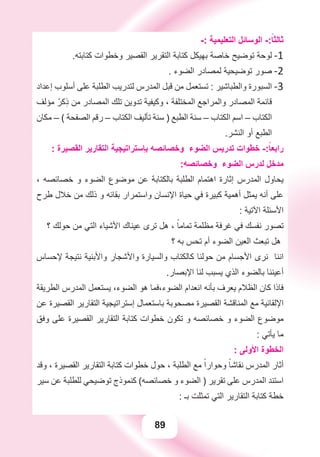 89
-: ‫ﺍﻟﺘﻌﻠﻴﻤﻴﺔ‬ ‫ﺍﻟﻮﺳﺎﺋﻞ‬ -:ً‫ﺛﺎﻟﺜﺎ‬
.‫ﻛﺘﺎﺑﺘﻪ‬ ‫ﻭﺧﻄﻮﺍﺕ‬ ‫ﺍﻟﻘﺼﻴﺮ‬ ‫ﺍﻟﺘﻘﺮﻳﺮ‬ ‫ﻛﺘﺎﺑﺔ‬ ‫ﺑﻬﻴﻜﻞ‬ ‫ﺧﺎﺻﺔ‬ ‫ﺗﻮﺿﻴﺢ‬ ‫ﻟﻮﺣﺔ‬ -1
. ‫ﺍﻟﻀﻮء‬ ‫ﻟﻤﺼﺎﺩﺭ‬ ‫ﺗﻮﺿﻴﺤﻴﺔ‬ ‫ﺻﻮﺭ‬ -2
‫ﺇﻋﺪﺍﺩ‬ ‫ﺃﺳﻠﻮﺏ‬ ‫ﻋﻠﻰ‬ ‫ﺍﻟﻄﻠﺒﺔ‬ ‫ﻟﺘﺪﺭﻳﺐ‬ ‫ﺍﻟﻤﺪﺭﺱ‬ ‫ﻗﺒﻞ‬ ‫ﻣﻦ‬ ‫ﺗﺴﺘﻌﻤﻞ‬ : ‫ﻭﺍﻟﻄﺒﺎﺷﻴﺮ‬ ‫ﺍﻟﺴﺒﻮﺭﺓ‬ -3
‫ﻣﺆﻟﻒ‬ ْ‫ﻛﺮ‬ِ‫ﺫ‬ ‫ﻣﻦ‬ ‫ﺍﻟﻤﺼﺎﺩﺭ‬ ‫ﺗﻠﻚ‬ ‫ﺗﺪﻭﻳﻦ‬ ‫ﻭﻛﻴﻔﻴﺔ‬ ، ‫ﺍﻟﻤﺨﺘﻠﻔﺔ‬ ‫ﻭﺍﻟﻤﺮﺍﺟﻊ‬ ‫ﺍﻟﻤﺼﺎﺩﺭ‬ ‫ﻗﺎﺋﻤﺔ‬
‫ﻣﻜﺎﻥ‬ – ( ‫ﺍﻟﺼﻔﺤﺔ‬ ‫ﺭﻗﻢ‬ – ‫ﺍﻟﻜﺘﺎﺏ‬ ‫ﺗﺄﻟﻴﻒ‬ ‫ﺳﻨﺔ‬ ) ‫ﺍﻟﻄﺒﻊ‬ ‫ﺳﻨﺔ‬ – ‫ﺍﻟﻜﺘﺎﺏ‬ ‫ﺍﺳﻢ‬ – ‫ﺍﻟﻜﺘﺎﺏ‬
.‫ﺍﻟﻨﺸﺮ‬ ‫ﺃﻭ‬ ‫ﺍﻟﻄﺒﻊ‬
: ‫ﺍﻟﻘﺼﻴﺮﺓ‬ ‫ﺍﻟﺘﻘﺎﺭﻳﺮ‬ ‫ﺑﺈﺳﺘﺮﺍﺗﻴﺠﻴﺔ‬ ‫ﻭﺧﺼﺎﺋﺼﻪ‬ ‫ﺍﻟﻀﻮء‬ ‫ﺗﺪﺭﻳﺲ‬ ‫ﺧﻄﻮﺍﺕ‬ -:ً‫ﺭﺍﺑﻌﺎ‬
:‫ﻭﺧﺼﺎﺋﺼﻪ‬ ‫ﺍﻟﻀﻮء‬ ‫ﻟﺪﺭﺱ‬ ‫ﻣﺪﺧﻞ‬
، ‫ﺧﺼﺎﺋﺼﻪ‬ ‫ﻭ‬ ‫ﺍﻟﻀﻮء‬ ‫ﻣﻮﺿﻮﻉ‬ ‫ﻋﻦ‬ ‫ﺑﺎﻟﻜﺘﺎﺑﺔ‬ ‫ﺍﻟﻄﻠﺒﺔ‬ ‫ﺍﻫﺘﻤﺎﻡ‬ ‫ﺇﺛﺎﺭﺓ‬ ‫ﺍﻟﻤﺪﺭﺱ‬ ‫ﻳﺤﺎﻭﻝ‬
‫ﻃﺮﺡ‬ ‫ﺧﻼﻝ‬ ‫ﻣﻦ‬ ‫ﺫﻟﻚ‬ ‫ﻭ‬ ‫ﺑﻘﺎﺋﻪ‬ ‫ﻭﺍﺳﺘﻤﺮﺍﺭ‬ ‫ﺍﻹﻧﺴﺎﻥ‬ ‫ﺣﻴﺎﺓ‬ ‫ﻓﻲ‬ ‫ﻛﺒﻴﺮﺓ‬ ‫ﺃﻫﻤﻴﺔ‬ ‫ﻳﻤﺜﻞ‬ ‫ﺃﻧﻪ‬ ‫ﻋﻠﻰ‬
: ‫ﺍﻵﺗﻴﺔ‬ ‫ﺍﻷﺳﺌﻠﺔ‬
‫؟‬ ‫ﺣﻮﻟﻚ‬ ‫ﻣﻦ‬ ‫ﺍﻟﺘﻲ‬ ‫ﺍﻷﺷﻴﺎء‬ ‫ﻋﻴﻨﺎﻙ‬ ‫ﺗﺮﻯ‬ ‫ﻫﻞ‬ ، ً‫ﺗﻤﺎﻣﺎ‬ ‫ﻣﻈﻠﻤﺔ‬ ‫ﻏﺮﻓﺔ‬ ‫ﻓﻲ‬ ‫ﻧﻔﺴﻚ‬ ‫ﺗﺼﻮﺭ‬
‫؟‬ ‫ﺑﻪ‬ ‫ﺗﺤﺲ‬ ‫ﺃﻡ‬ ‫ﺍﻟﻀﻮء‬ ‫ﺍﻟﻌﻴﻦ‬ ‫ﺗﺒﻌﺚ‬ ‫ﻫﻞ‬
‫ﻹﺣﺴﺎﺱ‬ ‫ﻧﺘﻴﺠﺔ‬ ‫ﻭﺍﻷﺑﻨﻴﺔ‬ ‫ﻭﺍﻷﺷﺠﺎﺭ‬ ‫ﻭﺍﻟﺴﻴﺎﺭﺓ‬ ‫ﻛﺎﻟﻜﺘﺎﺏ‬ ‫ﺣﻮﻟﻨﺎ‬ ‫ﻣﻦ‬ ‫ﺍﻷﺟﺴﺎﻡ‬ ‫ﻧﺮﻯ‬ ‫ﺍﻧﻨﺎ‬
.‫ﺍﻹﺑﺼﺎﺭ‬ ‫ﻟﻨﺎ‬ ‫ﻳﺴﺒﺐ‬ ‫ﺍﻟﺬﻱ‬ ‫ﺑﺎﻟﻀﻮء‬ ‫ﺃﻋﻴﻨﻨﺎ‬
‫ﺍﻟﻄﺮﻳﻘﺔ‬ ‫ﺍﻟﻤﺪﺭﺱ‬ ‫ﻳﺴﺘﻌﻤﻞ‬ ،‫ﺍﻟﻀﻮء‬ ‫ﻫﻮ‬ ‫ﺍﻟﻀﻮء،ﻓﻤﺎ‬ ‫ﺍﻧﻌﺪﺍﻡ‬ ‫ﺑﺄﻧﻪ‬ ‫ﻳﻌﺮﻑ‬ ‫ﺍﻟﻈﻼﻡ‬ ‫ﻛﺎﻥ‬ ‫ﻓﺎﺫﺍ‬
‫ﻋﻦ‬ ‫ﺍﻟﻘﺼﻴﺮﺓ‬ ‫ﺍﻟﺘﻘﺎﺭﻳﺮ‬ ‫ﺇﺳﺘﺮﺍﺗﻴﺠﻴﺔ‬ ‫ﺑﺎﺳﺘﻌﻤﺎﻝ‬ ‫ﻣﺼﺤﻮﺑﺔ‬ ‫ﺍﻟﻘﺼﻴﺮﺓ‬ ‫ﺍﻟﻤﻨﺎﻗﺸﺔ‬ ‫ﻣﻊ‬ ‫ﺍﻹﻟﻘﺎﺋﻴﺔ‬
‫ﻭﻓﻖ‬ ‫ﻋﻠﻰ‬ ‫ﺍﻟﻘﺼﻴﺮﺓ‬ ‫ﺍﻟﺘﻘﺎﺭﻳﺮ‬ ‫ﻛﺘﺎﺑﺔ‬ ‫ﺧﻄﻮﺍﺕ‬ ‫ﺗﻜﻮﻥ‬ ‫ﻭ‬ ‫ﺧﺼﺎﺋﺼﻪ‬ ‫ﻭ‬ ‫ﺍﻟﻀﻮء‬ ‫ﻣﻮﺿﻮﻉ‬
: ‫ﻳﺄﺗﻲ‬ ‫ﻣﺎ‬
: ‫ﺍﻷﻭﻟﻰ‬ ‫ﺍﻟﺨﻄﻮﺓ‬
‫ﻭﻗﺪ‬ ، ‫ﺍﻟﻘﺼﻴﺮﺓ‬ ‫ﺍﻟﺘﻘﺎﺭﻳﺮ‬ ‫ﻛﺘﺎﺑﺔ‬ ‫ﺧﻄﻮﺍﺕ‬ ‫ﺣﻮﻝ‬ ، ‫ﺍﻟﻄﻠﺒﺔ‬ ‫ﻣﻊ‬ ً‫ﻭﺣﻮﺍﺭﺍ‬ ً‫ﻧﻘﺎﺷﺎ‬ ‫ﺍﻟﻤﺪﺭﺱ‬ ‫ﺃﺛﺎﺭ‬
‫ﺳﻴﺮ‬ ‫ﻋﻦ‬ ‫ﻟﻠﻄﻠﺒﺔ‬ ‫ﺗﻮﺿﻴﺤﻲ‬ ‫ﻛﻨﻤﻮﺫﺝ‬ (‫ﺧﺼﺎﺋﺼﻪ‬ ‫ﻭ‬ ‫ﺍﻟﻀﻮء‬ ) ‫ﺗﻘﺮﻳﺮ‬ ‫ﻋﻠﻰ‬ ‫ﺍﻟﻤﺪﺭﺱ‬ ‫ﺍﺳﺘﻨﺪ‬
: ‫ﺑـ‬ ‫ﺗﻤﺜﻠﺖ‬ ‫ﺍﻟﺘﻲ‬ ‫ﺍﻟﺘﻘﺎﺭﻳﺮ‬ ‫ﻛﺘﺎﺑﺔ‬ ‫ﺧﻄﺔ‬
 