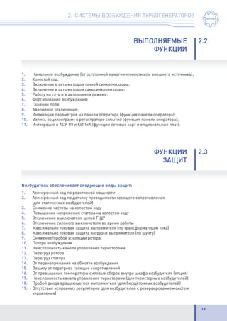 19
2. СИСТЕМЫ ВОЗБУЖДЕНИЯ ТУРБОГЕНЕРАТОРОВ
	 ВЫПОЛНЯЕМЫЕ	2.2
	ФУНКЦИИ
	 ФУНКЦИИ	2.3
	ЗАЩИТ
1.	 Начальное возбуждение (от остаточной намагниченности или внешнего источника);
2.	 Холостой ход;
3.	 Включение в сеть методом точной синхронизации;
4.	 Включение в сеть методом самосинхронизации;
5.	 Работу на сеть и в автономном режиме;
6.	 Форсирование возбуждения;
7.	 Гашение поля;
8.	 Аварийное отключение;
9.	 Индикация параметров на панели оператора (функция панели оператора);
10.	 Запись осциллограмм в регистраторе событий (функция панели оператора);
11.	 Интеграция в АСУ ТП и КИПиА (функции сетевых карт и опциональных плат).
Возбудитель обеспечивает следующие виды защит:
1.	 Асинхронный ход по реактивной мощности
2.	 Асинхронный ход по датчику проводимости гасящего сопротивления
(для статических возбудителей)
3.	 Снижение частоты на холостом ходу
4.	 Повышение напряжения статора на холостом ходу
5.	 Отключение выключателя цепей ГЩУ
6.	 Отключение силового выключателя во время работы
7.	 Максимально токовая защита выпрямителя (по трансформаторам тока)
8.	 Максимально токовая защита нагрузки выпрямителя (по шунту)
9.	 Снижение/пробой изоляции ротора
10.	 Потеря возбуждения
11.	 Неисправность канала управления тиристорами
12.	 Перегруз ротора
13.	 Перегруз статора
14.	 От перенапряжения на обмотке возбуждения
15.	 Защиту от перегрева гасящих сопротивлений
16.	 От превышения температуры силовых сборок внутри шкафа возбудителя (опция)
17.	 Неисправность канала управления тиристорами (для тиристорных возбудителей)
18.	 Пробой диода вращающегося выпрямителя (для бесщёточных возбудителей)
19.	 Отсутствие исправных регуляторов (для возбудителей с резервированием систем
управления)
 