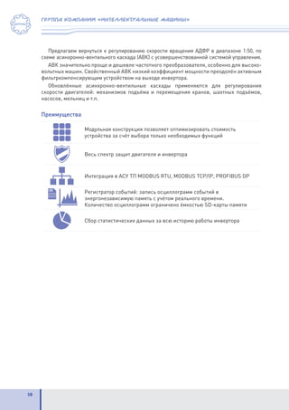 58
группа компаний «интеллектуальные машины»
Предлагаем вернуться к регулированию скорости вращения АДФР в диапазоне 1:50, по
схеме асинхронно-вентильного каскада (АВК) с усовершенствованной системой управления.
АВК значительно проще и дешевле частотного преобразователя, особенно для высоко-
вольтных машин. Свойственный АВК низкий коэффициент мощности преодолён активным
фильтркомпенсирующим устройством на выходе инвертора.
Обновлённые асинхронно-вентильные каскады применяются для регулирования
скорости двигателей: механизмов подъёма и перемещения кранов, шахтных подъёмов,
насосов, мельниц и т.п.
Преимущества
Модульная конструкция позволяет оптимизировать стоимость
устройства за счёт выбора только необходимых функций
Весь спектр защит двигателя и инвертора
Интеграция в АСУ ТП MODBUS RTU, MODBUS TCP/IP, PROFIBUS DP
Регистратор событий: запись осциллограмм событий в
энергонезависимую память с учётом реального времени.
Количество осциллограмм ограничено ёмкостью SD-карты памяти
Сбор статистических данных за всю историю работы инвертора
 