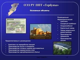 ОАО "ОЭЗ РУ" 15
Основные объекты
ОЭЗ РУ ППТ «Тербуны»
Размещенные:
Фармацевтический
комплекс
• Сахарный комбинат
• Хладокомбинат
• Кирпичный завод
• Завод модульного
домостроения
• Производство
премиксов
• Производство
пеллетПредполагаемые к размещению:
• Комплекс по переработке овощей
• Производство мыла и глицерина
• Производство готовых кормов для животных
• Производство керамических плит
• Производство адсорбированного белья
 