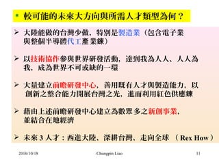 Chungpin Liao 11
 較可能的未來大方向與所需人才類型為何？
 大陸能做的台灣少做，特別是製造業（包含電子業
與整個半導體代工 業 ）產 鍊
 以技術協作參與世界研發活動，達到我為人人、人人為
我，成為世界不可或缺的一環
 大量建立前瞻研發中心，善用既有人才與製造能力，以
創新之整合能力開展台灣之光，進而利用紅色供應鍊
 藉由上述前瞻研發中心建立為數 多之眾 新創事業，
並結合在地經濟
 未來 3 人才：西進大陸、深耕台灣、走向全球 （ Rex How ）
2016/10/18
 