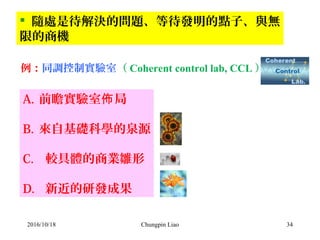 Chungpin Liao 34
 隨處是待解決的問題、等待發明的點子、與無
限的商機
A. 前瞻實驗室 局佈
B. 來自基礎科學的泉源
C. 較具體的商業雛形
D. 新近的研發成果
例：同調控制實驗室（ Coherent control lab, CCL ）
2016/10/18
 