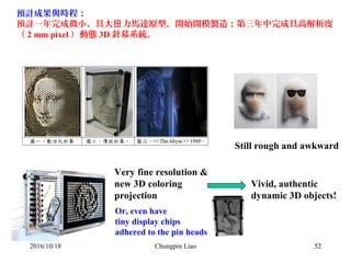 5252
Very fine resolution &
new 3D coloring
projection
Vivid, authentic
dynamic 3D objects!
Still rough and awkward
Or, even have
tiny display chips
adhered to the pin heads
預計成果與時程：
預計一年完成微小、具大 力馬達原型，開始開模製造；第三年中完成具高解析度扭
（ 2 mm pixel ）動態 3D 針幕系統。
2016/10/18 Chungpin Liao
 
