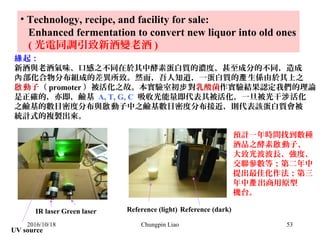 53
• Technology, recipe, and facility for sale:
Enhanced fermentation to convert new liquor into old ones
( 光電同調引致新酒變老酒 )
起：緣
新酒與老酒氣味、口感之不同在於其中酵素蛋白質的濃度、甚至成分的不同，造成
部化合物分布組成的差異所致。然而，吾人知道，一蛋白質的 生係由於其上之內 產
動子啟 （ promoter ）被活化之故。本實驗室初 對步 乳酸菌作實驗結果認定我們的理論
是正確的，亦即，鹼基 A, T, G, C 吸收光能量即代表其被活化，一旦被光干 活化涉
之鹼基的數目密度分布與 動子中之鹼基數目密度分布接近，則代表該蛋白質會被啟
統計式的複製出來。
Reference (light) Reference (dark)IR laser Green laser
UV source
預計一年時間找到數種
酒品之酵素 動子、啟
大致光波波長、強度、
交聯參數等；第二年中
提出最佳化作法；第三
年中 出商用原型產
機台。
2016/10/18 Chungpin Liao
 