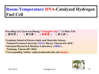 Room-Temperature DNA-Catalyzed Hydrogen
Fuel Cell
Wen-Bing Lai,2
Jyun-Lin Huang,2
Chungpin Liao,1,2,*
Li-Shen Yeh2
（賴玟柄） （黃均霖） （廖重賓） （葉立紳）
1
Graduate School of Electro-Optic and Materials Science,
National Formosa University (NFU), Huwei, Taiwan 632, ROC.
2
Advanced Research & Business Laboratory (ARBL),
Taichung, Taiwan 407, ROC.
*Corresponding Author: cpliao@alum.mit.edu and Speaker
2016/10/18 87Chungpin Liao
 