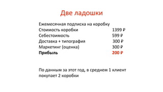 Две ладошки
Ежемесячная подписка на коробку
Стоимость коробки 1399 ₽
Себестоимость 599 ₽
Доставка + типография 300 ₽
Маркетинг (оценка) 300 ₽
Прибыль 200 ₽
По данным за этот год, в среднем 1 клиент
покупает 2 коробки
 