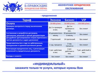 Тариф Эконом Бизнес VIP
Оплата 20 000 р/мес 50 000 р/мес 100 000 р/мес
Проверка контрагента перед заключением
договора.
До 2-х проверок
в мес.
До 5-и
проверок в
мес.
Без лимит
Составление и разработка договоров,
протоколов, решений и прочей документации
10 документов в
месяц
18 документов
в месяц
Без лимит
Досудебное урегулирование споров (претензия и
прочие документы в адрес должника) 7 претензий 14 претензий Без лимит
Представительство в суде по арбитражным,
гражданским и административным делам. 1 суд. процесса
2 суд.
процесса
Без лимит
Регистрация юридических лиц, и регистрация
изменений в учредительные документы 1 рег. действие
в мес.
2 рег.
действие в
мес.
7 рег. действий в
мес.
Выезды к клиенту Без лимит Без лимит Без лимит
- продолжение
«ИНДИВИДУАЛЬНЫЙ»
закажите только те услуги, которые нужны Вам
АБОНЕНТСКОЕ ЮРИДИЧЕСКОЕ
ОБСЛУЖИВАНИЕ
Б-ПРАВОСУДИЕ
ЮРИДИЧЕСКАЯ ФИРМА
 