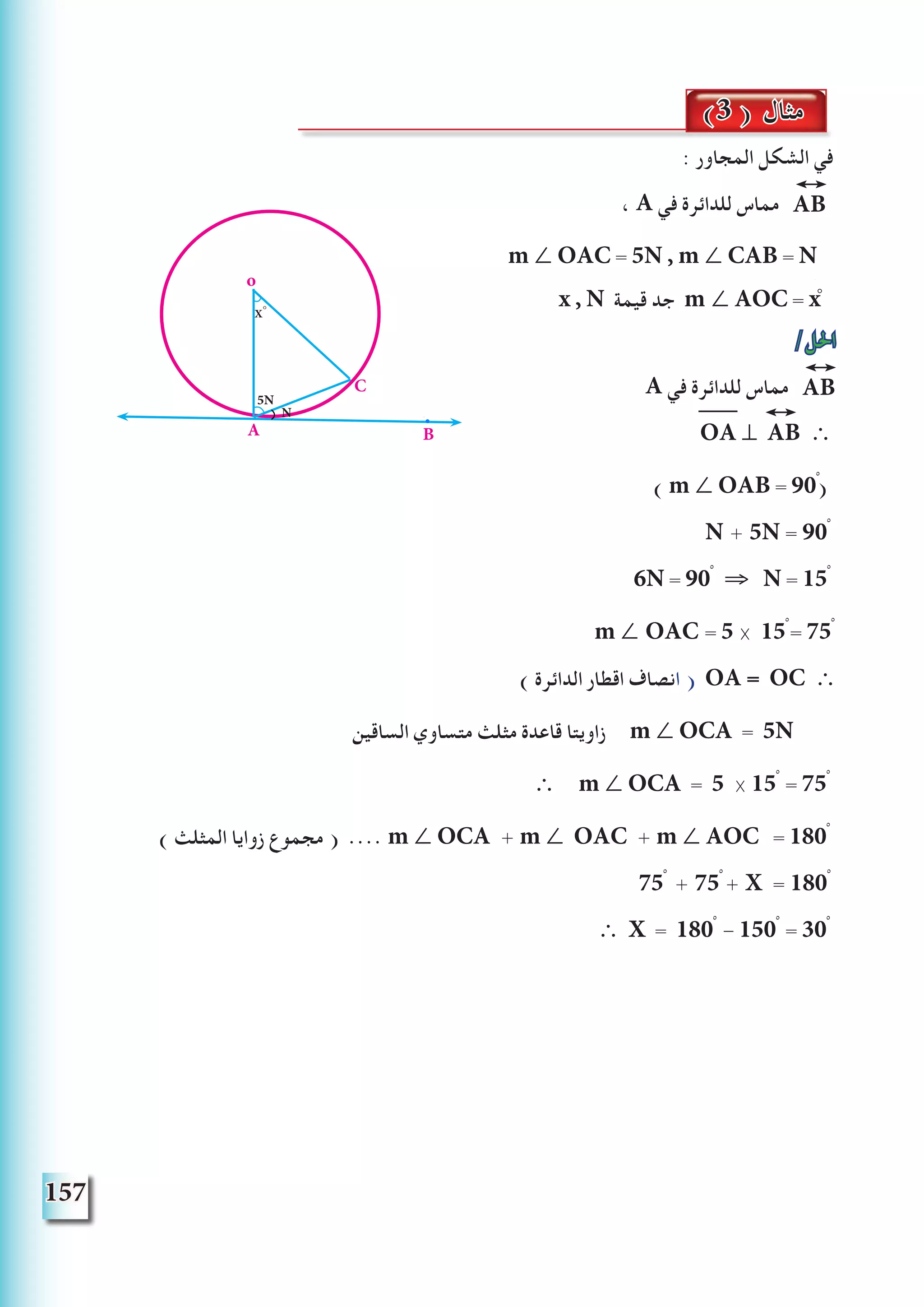 157
: ‫المجاور‬ ‫الشكل‬ ‫في‬
، A ‫في‬ ‫للدائرة‬ ‫مماس‬ AB
m ∠ OAC = 5N , m ∠ CAB = N
/‫احلل‬
A ‫في‬ ‫للدائرة‬ ‫مماس‬ AB
OA ⊥ AB ∴
) m ∠ OAB = 90ْ(
N + 5N = 90ْ
6N = 90ْ ⇒ N = 15ْ
m ∠ OAC = 5 × 15ْ = 75ْ
) ‫الدائرة‬ ‫اقطار‬ ‫انصاف‬ ( OA = OC ∴
‫الساقين‬ ‫متساوي‬ ‫مثلث‬ ‫قاعدة‬ ‫زاويتا‬ m ∠ OCA = 5N
∴ m ∠ OCA = 5 × 15ْ = 75ْ
) ‫المثلث‬ ‫زوايا‬ ‫مجموع‬ ( .... m ∠ OCA + m ∠ OAC + m ∠ AOC = 180ْ
75ْ + 75ْ + X = 180ْ
∴ X = 180ْ - 150ْ = 30ْ
(3 ) ‫مثال‬


o
x , N ‫قيمة‬ ‫جد‬ m ∠ AOC = x
o
B
C
A
•
N


o
X
5N
 