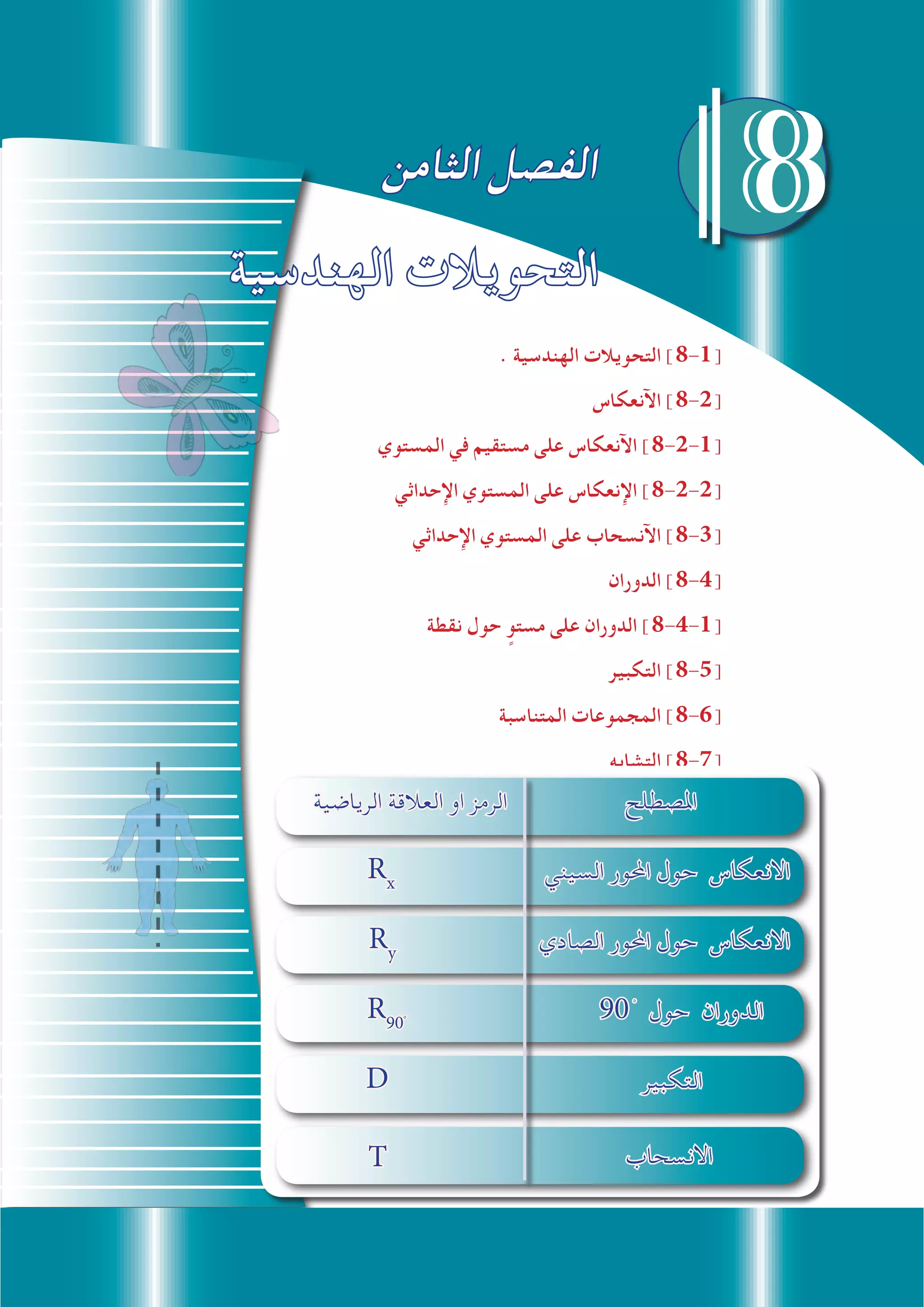 . ‫الهندسية‬ ‫التحويالت‬ ]8-1[
‫اآلنعكاس‬ ]8-2[
‫المستوي‬ ‫في‬ ‫مستقيم‬ ‫على‬ ‫اآلنعكاس‬ ]8-2-1[
‫اإلحداثي‬ ‫المستوي‬ ‫على‬ ‫اإلنعكاس‬ ]8-2-2[
‫اإلحداثي‬ ‫المستوي‬ ‫على‬ ‫اآلنسحاب‬ ]8-3[
‫الدوران‬ ]8-4[
‫نقطة‬ ‫حول‬ ٍ‫مستو‬ ‫على‬ ‫الدوران‬ ]8-4-1[
‫التكبير‬ ]8-5[
‫المتناسبة‬ ‫المجموعات‬ ]8-6[
‫التشابه‬ ]8-7[
‫الهندسية‬ ‫التحويالت‬
‫الرياضية‬ ‫العالقة‬ ‫او‬ ‫الرمز‬ ‫املصطلح‬
Rx
‫السيني‬ ‫احملور‬ ‫حول‬ ‫االنعكاس‬
Ry
‫الصادي‬ ‫احملور‬ ‫حول‬ ‫االنعكاس‬
R90ْ
90ْ ‫حول‬ ‫الدوران‬
D ‫التكبير‬
‫الثامن‬ ‫الفصل‬
8
‫االنسحاب‬T
 