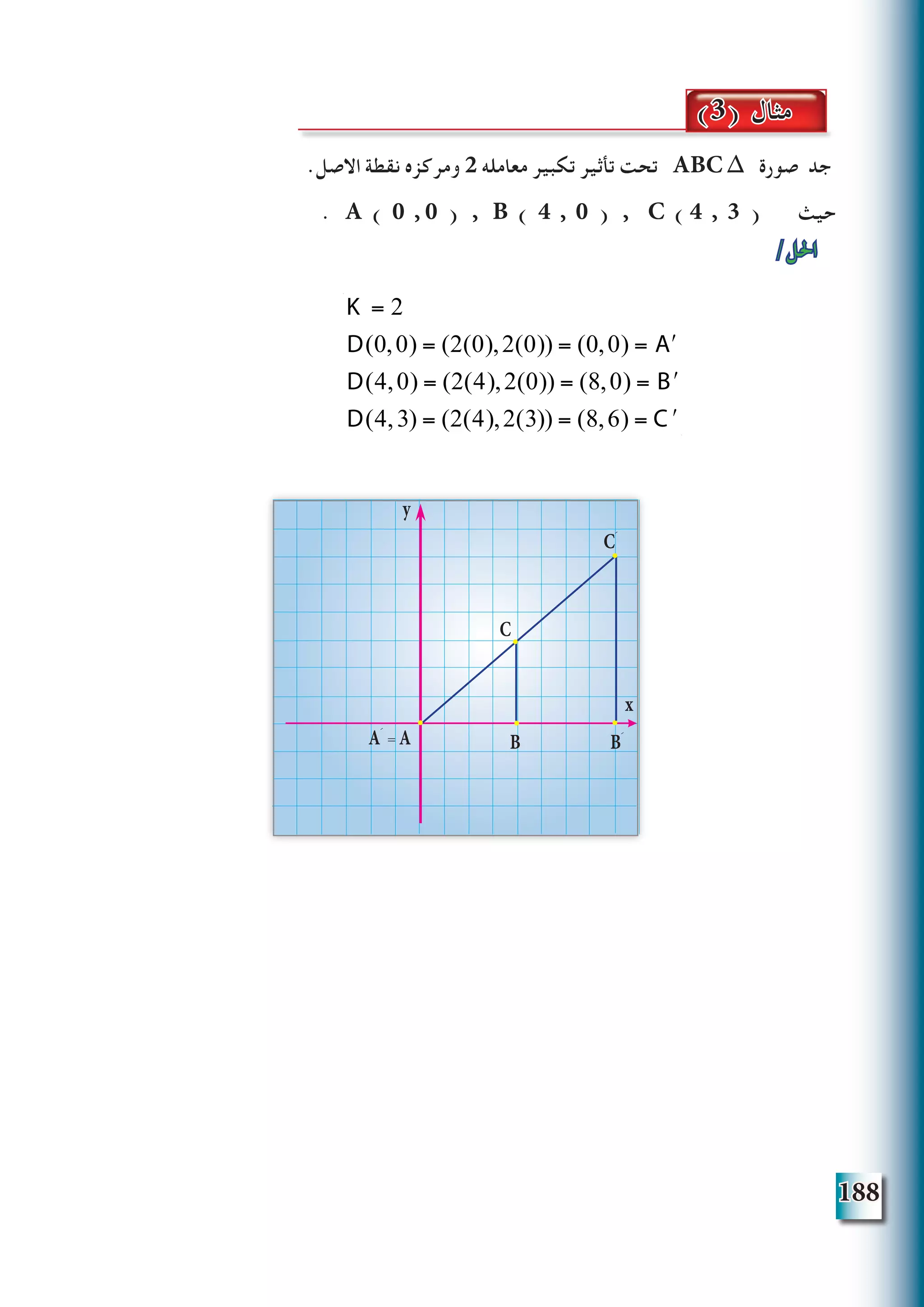 188
.‫االصل‬ ‫نقطة‬ ‫ومركزه‬ 2 ‫معامله‬ ‫تكبير‬ ‫تأثير‬ ‫تحت‬ ABC ∆ ‫صورة‬ ‫جد‬
. A ( 0 , 0 ) , B ( 4 , 0 ) , C ( 4 , 3 ( ‫حيث‬
/‫احلل‬
(3) ‫مثال‬
y
x
Aَ = A B Bَ
Cَ
C
K = 2
D(0,0) = (2(0),2(0)) = (0,0) = ʹA
D(4,0) = (2(4),2(0)) = (8,0) = ʹB
D(4,3) = (2(4),2(3)) = (8,6) = ʹC
 