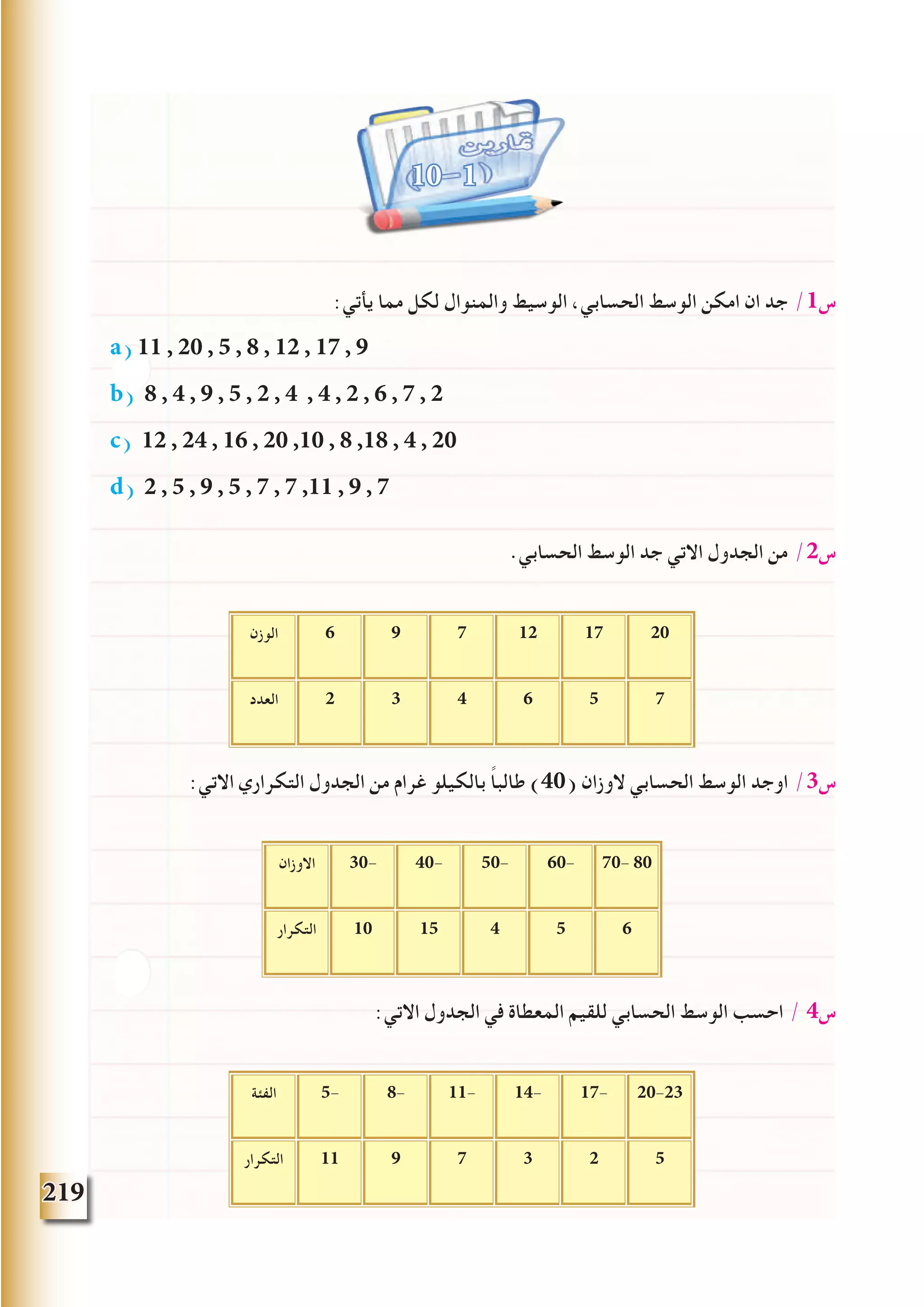 219
:‫يأتي‬ ‫مما‬ ‫لكل‬ ‫والمنوال‬ ‫الوسيط‬ ،‫الحسابي‬ ‫الوسط‬ ‫امكن‬ ‫ان‬ ‫جد‬ /1‫س‬
a) 11 , 20 , 5 , 8 , 12 , 17 , 9
b) 8 , 4 , 9 , 5 , 2 , 4 , 4 , 2 , 6 , 7 , 2
c) 12 , 24 , 16 , 20 ,10 , 8 ,18 , 4 , 20
d) 2 , 5 , 9 , 5 , 7 , 7 ,11 , 9 , 7
.‫الحسابي‬ ‫الوسط‬ ‫جد‬ ‫االتي‬ ‫الجدول‬ ‫من‬ /2‫س‬
201712796‫الوزن‬
756432‫العدد‬
:‫االتي‬ ‫التكراري‬ ‫الجدول‬ ‫من‬ ‫غرام‬ ‫بالكيلو‬ ً‫ا‬‫طالب‬ )40( ‫الوزان‬ ‫الحسابي‬ ‫الوسط‬ ‫اوجد‬ /3‫س‬
70- 8060-50-40-30-‫االوزان‬
6541510‫التكرار‬
:‫االتي‬ ‫الجدول‬ ‫في‬ ‫المعطاة‬ ‫للقيم‬ ‫الحسابي‬ ‫الوسط‬ ‫احسب‬ / 4‫س‬
20-2317-14-11-8-5-‫الفئة‬
5237911‫التكرار‬
10 1
 