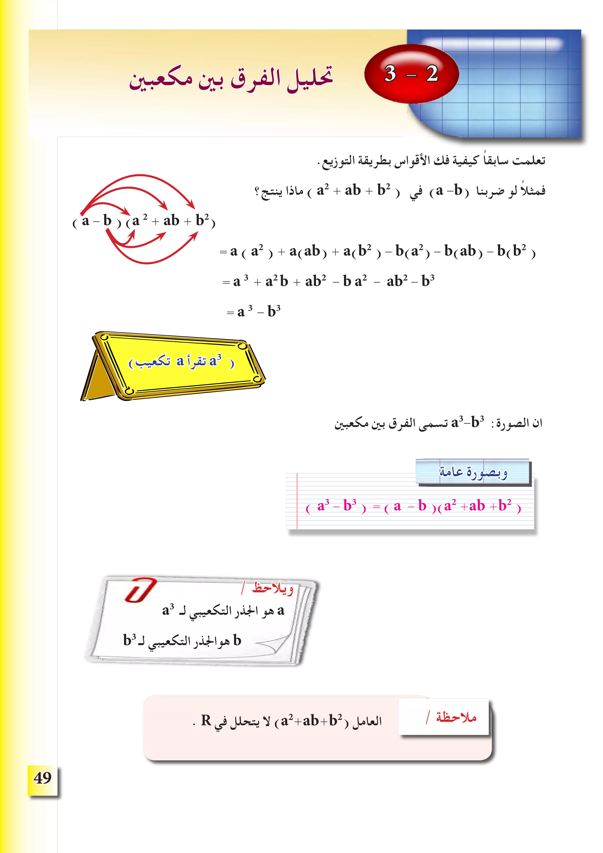 49
.‫التوزيع‬ ‫بطريقة‬ ‫األقواس‬ ‫فك‬ ‫كيفية‬ ً‫ا‬‫سابق‬ ‫تعلمت‬
‫ينتج؟‬ ‫ماذا‬ ) a2
+ ab + b2
( ‫في‬ )a -b( ‫ضربنا‬ ‫لو‬ ً‫ال‬‫فمث‬
) a - b ) (a 2
+ ab + b2
(
= a ( a2
) + a(ab) + a(b2
) - b(a2
) - b(ab) - b(b2
(
= a 3
+ a2
b + ab2
- b a2
- ab2
- b3
= a 3
- b3
‫مكعبني‬ ‫بني‬ ‫الفرق‬ ‫تسمى‬ a3
-b3
:‫الصورة‬ ‫ان‬
3 - 2‫مكعبني‬ ‫بني‬ ‫الفرق‬ ‫حتليل‬
)‫تكعيب‬ a ‫تقرأ‬ a3
(
‫عامة‬ ‫وبصورة‬
) a3
- b3
) = ( a - b )(a2
+ab +b2
(
/ ‫ويالحظ‬
a3
‫لـ‬ ‫التكعيبي‬ ‫اجلذر‬ ‫هو‬ a
b3
‫لـ‬ ‫التكعيبي‬ ‫هواجلذر‬ b
/ ‫مالحظة‬. R ‫في‬ ‫يتحلل‬ ‫ال‬ )a2
+ab+b2
( ‫العامل‬
 