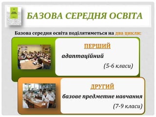 БАЗОВА СЕРЕДНЯ ОСВІТА
Базова середня освіта поділятиметься на
адаптаційний
(5-6 класи)
базове предметне навчання
(7-9 класи)
 
