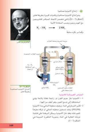 109
:‫صناعيا‬ ‫االمونيا‬ ‫إنتاج‬ - ‫ب‬
‫هابر‬ ‫بطريقة‬ ‫كبيرة‬ ‫وبكميات‬ ‫صناعيا‬ ‫االمونيا‬ ‫إنتاج‬ ‫يتم‬
‫للنتروجين‬ ‫المباشر‬ ‫االتحاد‬ ‫تتضمن‬ ‫والتي‬ ])4 - 7( ‫الشكل‬[
:‫اآلتية‬ ‫المعادلة‬ ‫وحسب‬ ‫الهيدروجين‬ ‫مع‬
N2
+ 3 H2
2 NH3
ً‫ا‬‫سابق‬ ‫ذكره‬ ‫مر‬ ‫وكما‬
‫لالمونيا‬ ‫الفيزيائية‬ ‫الخواص‬
‫يؤدي‬ ‫والذعة‬ ‫نفاذة‬ ‫رائحة‬ ‫ذو‬ ‫اللون‬ ‫عديم‬ ‫غاز‬ ‫االمونيا‬ - 1
.‫الهواء‬ ‫من‬ ‫اخف‬ ‫وهو‬ ،‫العين‬ ‫تدمع‬ ‫إلى‬ ‫استنشاقه‬
‫االمونيا‬‫بماء‬‫المائي‬‫محلوله‬‫ويعرف‬ ،‫الماء‬‫في‬‫الذوبان‬‫كثير‬ -2
ً‫ا‬‫معرض‬ ‫تركه‬ ‫او‬ ‫المائي‬ ‫محلوله‬ ‫تسخين‬ ‫وعند‬ ،)NH4
OH(
‫قابلية‬ ‫على‬ ‫البرهنة‬ ‫ويمكن‬ ،‫االمونيا‬ ‫غاز‬ ‫يفقد‬ ‫فانه‬ ‫للجو‬
‫في‬ ‫المبينة‬ ‫النافورة‬ ‫بتجربة‬ ‫الماء‬ ‫في‬ ‫العالية‬ ‫ذوبانه‬
.)5 - 7( ‫الشكل‬
.‫هابر‬ ‫فريتز‬ ‫العالم‬
)4 - 7( ‫الشكل‬
ً‫ا‬‫صناعيـــ‬ ‫االمونيـــا‬ ‫انتـــاج‬
.‫هابر‬ ‫بطريقة‬
‫حراري‬ ‫مبادل‬
‫التسخين‬ ‫قبل‬ ‫الغازات‬
‫عالي‬ ‫ضغط‬ ‫تحت‬
‫تسخين‬ ‫ملف‬
‫سائلة‬ ‫امونيا‬
NH3
‫الناتج‬ NH3
N2
+ H2
‫المتجددة‬ ‫الغازات‬ ‫تبريد‬
N2
+ H2
‫المتفاعلة‬ ‫غير‬
)‫(راجعة‬
‫الغازات‬ ‫وضغط‬ ‫لتحريك‬ ‫مروحة‬
‫مساعد‬ ‫عامل‬
)460-550(˚C
 
