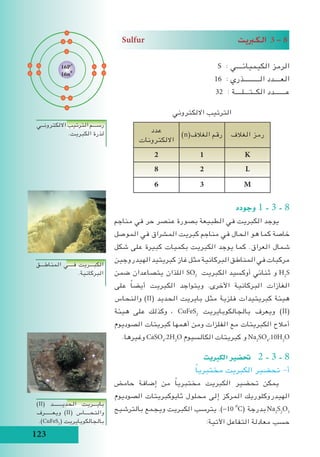 123
Sulfur ‫الكربيت‬ 3 - 8
S : ‫الكيميائــــي‬ ‫الرمز‬
16 : ‫الــــــــــذري‬ ‫العــــدد‬
32 : ‫الكــتـــلــــة‬ ‫عـــــــدد‬
‫االلكتروني‬ ‫الترتيب‬
‫الغالف‬ ‫رمز‬)n(‫الغالف‬ ‫رقم‬
‫عدد‬
‫االلكترونات‬
K12
L28
M36
‫وجوده‬ 1 - 3 - 8
‫مناجم‬ ‫في‬ ‫حر‬ ‫عنصر‬ ‫بصورة‬ ‫الطبيعة‬ ‫في‬ ‫الكبريت‬ ‫يوجد‬
‫الموصل‬ ‫في‬ ‫المشراق‬ ‫كبريت‬ ‫مناجم‬ ‫في‬ ‫الحال‬ ‫هو‬ ‫كما‬ ‫خاصة‬
‫شكل‬ ‫على‬ ‫كبيرة‬ ‫بكميات‬ ‫الكبريت‬ ‫يوجد‬ ‫كما‬ .‫العراق‬ ‫شمال‬
‫الهيدروجين‬‫كبريتيد‬‫غاز‬‫مثل‬‫البركانية‬‫المناطق‬‫في‬‫مركبات‬
‫ضمن‬ ‫يتصاعدان‬ ‫اللذان‬ SO2
‫الكبريت‬ ‫أوكسيد‬ ‫ثنائي‬ ‫و‬ H2
S
‫على‬ ً‫ا‬‫أيض‬ ‫الكبريت‬ ‫ويتواجد‬ .‫األخرى‬ ‫البركانية‬ ‫الغازات‬
‫والنحاس‬ )II( ‫الحديد‬ ‫بايريت‬ ‫مثل‬ ‫فلزية‬ ‫كبريتيدات‬ ‫هيئة‬
‫هيئة‬ ‫على‬ ‫وكذلك‬ ، CuFeS2
‫بالجالكوبايريت‬ ‫ويعرف‬ )II(
‫الصوديوم‬ ‫كبريتات‬ ‫أهمها‬ ‫ومن‬ ‫الفلزات‬ ‫مع‬ ‫الكبريتات‬ ‫أمالح‬
.‫وغيرها‬ CaSO4
.2H2
O ‫الكالسيوم‬ ‫كبريتات‬ ‫و‬ Na2
SO4
.10H2
O
‫الكربيت‬ ‫حت�ضري‬ 	2 - 3 - 8
ً‫ا‬‫مختبري‬ ‫الكبريت‬ ‫تحضير‬	-‫أ‬
‫حامض‬ ‫إضافة‬ ‫من‬ ً‫ا‬‫مختبري‬ ‫الكبريت‬ ‫تحضير‬ ‫يمكن‬
‫الصوديوم‬ ‫ثايوكبريتات‬ ‫محلول‬ ‫إلى‬ ‫المركز‬ ‫الهيدروكلوريك‬
‫بالترشيح‬ ‫ويجمع‬ ‫الكبريت‬ ‫يترسب‬ .)-10i
o
C( ‫بدرجة‬ Na2
S2
O3
:‫اآلتية‬ ‫التفاعل‬ ‫معادلة‬ ‫حسب‬
‫االلكترونــي‬ ‫الترتيب‬ ‫رســـم‬
.‫الكبريت‬ ‫لذرة‬
‫المناطـــق‬ ‫فــــي‬ ‫الكبـــريت‬
.‫البركانية‬
)II( ‫الحديـــــــد‬ ‫بايـــريت‬
‫ويعــــــرف‬ )II( ‫والنحــــاس‬
.)CuFeS2
( ‫بالجالكوبايريت‬
16P+
16n0
 