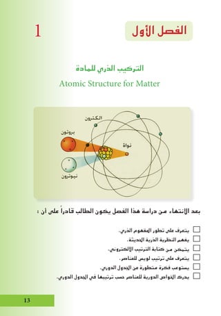 ‫األول‬ ‫الفصل‬
‫للمادة‬ ‫الذري‬ ‫التركيب‬
Atomic Structure for Matter
: ‫أن‬ ‫على‬ ً‫قادرا‬ ‫الطالب‬ ‫يكون‬ ‫الفصل‬ ‫هذا‬ ‫دراسة‬ ‫من‬ ‫االنتهاء‬ ‫بعد‬
.‫الذري‬ ‫املفهوم‬ ‫تطور‬ ‫على‬ ‫يتعرف‬
.‫احلديثة‬ ‫الذرية‬ ‫النظرية‬ ‫يفهم‬
.‫االلكتروني‬ ‫الترتيب‬ ‫كتابة‬ ‫من‬ ‫يتمكن‬
.‫للعناصر‬ ‫لويس‬ ‫ترتيب‬ ‫على‬ ‫يتعرف‬
.‫الدوري‬ ‫اجلدول‬ ‫عن‬ ‫متطورة‬ ‫فكرة‬ ‫يستوعب‬
.‫الدوري‬ ‫اجلدول‬ ‫في‬ ‫ترتيبها‬ ‫حسب‬ ‫للعناصر‬ ‫الدورية‬ ‫اخلواص‬ ‫يدرك‬
13
1
 