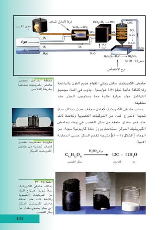 131
‫والرائحة‬ ‫اللون‬ ‫عديم‬ ‫القوام‬ ‫زيتي‬ ‫سائل‬ ‫الكبريتيك‬ ‫حامض‬
‫بجميع‬ ‫الماء‬ ‫في‬ ‫يذوب‬ . 3‫غم/سم‬ 1.84 ‫تبلغ‬ ‫عالية‬ ‫كثافة‬ ‫وله‬
‫عند‬ ‫الحذر‬ ‫يستوجب‬ ‫مما‬ ‫عالية‬ ‫حرارة‬ ‫مولد‬ ‫التراكيز‬
.‫تخفيفه‬
‫ميال‬ ‫يمتلك‬ ‫حيث‬ ‫مجفف‬ ‫كعامل‬ ‫الكبريتيك‬ ‫حامض‬ ‫يسلك‬
‫ذلك‬ ‫ونالحظ‬ ‫العضوية‬ ‫المركبات‬ ‫من‬ ‫الماء‬ ‫النتزاع‬ ‫شديدا‬
‫بحامض‬ ‫وعاء‬ ‫في‬ ‫القصب‬ ‫سكر‬ ‫من‬ ‫ملعقة‬ ‫مقدار‬ ‫غمر‬ ‫عند‬
‫من‬ ‫سوداء‬ ‫كاربونية‬ ‫مادة‬ ‫بروز‬ ‫سنالحظ‬ ،‫المركز‬ ‫الكبريتيك‬
‫المعادلة‬ ‫حسب‬ ‫السكر‬ ‫تفحم‬ ‫نتيجة‬ ])9 - 8( ‫الشكل‬[ ،‫الوعاء‬
:‫االتية‬
H2
SO4
‫مركز‬
C12
H22
O11
12C + 11H2
O
‫القصب‬ ‫سكر‬ ‫كاربون‬ ‫ماء‬
‫تحضير‬ ‫لمراحل‬ ‫مخطط‬
ً‫ا‬‫صناعي‬ ‫الكبريتيك‬ ‫حامض‬
.‫التالمس‬ ‫بطريقة‬
‫لنقـــــل‬ ‫معدنيــــة‬ ‫حاويــــة‬
‫حامض‬ ‫من‬ ‫تجارية‬ ‫كميات‬
.‫المركز‬ ‫الكبريتيك‬
)9 - 8( ‫الشكل‬
‫الكبريتيك‬ ‫حامض‬ ‫يمتلك‬
‫الماء‬ ‫النتزاع‬ ً‫ا‬‫شديد‬ ً‫ال‬‫مي‬
‫العضوية‬ ‫المركبات‬ ‫من‬
‫اضافة‬ ‫عند‬ ‫ذلك‬ ‫ونالحظ‬
‫المركز‬ ‫الكبريتيك‬ ‫حامض‬
‫من‬ ‫مقدار‬ ‫يحتوي‬ ‫بيكر‬ ‫الى‬
.‫القصب‬ ‫سكر‬
 