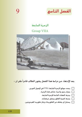 135
‫التاسع‬ ‫الفصل‬
‫السابعة‬ ‫الزمرة‬
Group VIIA
: ‫ان‬ ‫على‬ ً‫قادرا‬ ‫الطالب‬ ‫يكون‬ ‫الفصل‬ ‫هذا‬ ‫دراسة‬ ‫من‬ ‫االنتهاء‬ ‫بعد‬
.‫الدوري‬ ‫اجلدول‬ ‫في‬ VIIA ‫السابعة‬ ‫الزمرة‬ ‫موقع‬ ‫يحدد‬
.‫الزمرة‬ ‫هذه‬ ‫عناصر‬ ‫واسماء‬ ‫رموز‬ ‫يعرف‬
.‫السابعة‬ ‫للزمرة‬ ‫العامة‬ ‫الصفات‬ ‫يدرك‬
.‫مركباته‬ ‫وبعض‬ ‫الكلور‬ ‫اهمية‬ ‫يدرك‬
.‫الهيدروجني‬ ‫كلوريد‬ ‫وغاز‬ ‫الكلوريدات‬ ‫عن‬ ‫يكشف‬ ‫او‬ ‫يستدل‬
9
 