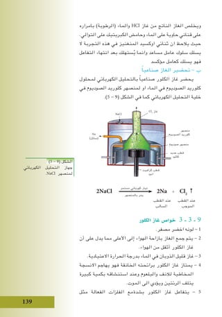 139
‫بامراره‬ )‫(الرطوبة‬ ‫والماء‬ HCl ‫غاز‬ ‫من‬ ‫الناتج‬ ‫الغاز‬ ‫ويخلص‬
.‫التوالي‬ ‫على‬ ‫الكبريتيك‬ ‫وحامض‬ ‫الماء‬ ‫على‬ ‫حاوية‬ ‫قناني‬ ‫على‬
‫ال‬ ‫التجربة‬ ‫هذه‬ ‫في‬ ‫المنغنيز‬ ‫اوكسيد‬ ‫ثنائي‬ ‫ان‬ ‫يالحظ‬ ‫حيث‬
‫التفاعل‬ ‫انتهاء‬ ‫بعد‬ ‫ستهلك‬ُ‫ي‬ ‫وانما‬ ‫مساعد‬ ‫عامل‬ ‫سلوك‬ ‫يسلك‬
‫مؤكسد‬ ‫كعامل‬ ‫يسلك‬ ‫فهو‬
ً‫ا‬‫صناعي‬ ‫الغاز‬ ‫تحضير‬ - ‫ب‬
‫لمحلول‬ ‫الكهربائي‬ ‫بالتحليل‬ ً‫ا‬‫صناعي‬ ‫الكلور‬ ‫غاز‬ ‫يحضر‬
‫في‬ ‫الصوديوم‬ ‫كلوريد‬ ‫لمنصهر‬ ‫او‬ ‫الماء‬ ‫في‬ ‫الصوديوم‬ ‫كلوريد‬
.)5 - 9( ‫الشكل‬ ‫في‬ ‫كما‬ ‫الكهربائي‬ ‫التحليل‬ ‫خلية‬
‫مستمر‬ ‫كهربائي‬ ‫تيار‬
2NaCl 2Na + Cl2
↑
‫بالمنصهر‬ ‫يمر‬
‫القطب‬ ‫عند‬ ‫القطب‬ ‫عند‬
‫السالب‬ ‫الموجب‬
‫الكلور‬ ‫غاز‬ ‫خوا�ص‬ 3 - 3 - 9
.‫مصفر‬ ‫اخضر‬ ‫لونه‬ - 1
‫أن‬ ‫على‬ ‫يدل‬ ‫مما‬ ‫األعلى‬ ‫إلى‬ ‫الهواء‬ ‫بازاحة‬ ‫الغاز‬ ‫جمع‬ ‫يتم‬ - 2
.‫الهواء‬ ‫من‬ ‫أثقل‬ ‫الكلور‬ ‫غاز‬
.‫االعتيادية‬ ‫الحرارة‬ ‫بدرجة‬ ‫الماء‬ ‫في‬ ‫الذوبان‬ ‫قليل‬ ‫غاز‬ - 3
‫االنسجة‬ ‫يهاجم‬ ‫فهو‬ ‫الخانقة‬ ‫برائحته‬ ‫الكلور‬ ‫غاز‬ ‫يمتاز‬ - 4
‫كبيرة‬ ‫بكمية‬ ‫استنشاقه‬ ‫وعند‬ ‫والبلعوم‬ ‫لالنف‬ ‫المخاطية‬
.‫الموت‬ ‫الى‬ ‫ويؤدي‬ ‫الرئتين‬ ‫يتلف‬
‫مثل‬ ‫الفعالة‬ ‫الفلزات‬ ‫بشدةمع‬ ‫الكلور‬ ‫غاز‬ ‫يتفاعل‬ - 5
)5 - 9( ‫الشكل‬
‫الكهربائي‬ ‫التحليل‬ ‫جهاز‬
.NaCl ‫لمنصهر‬
‫منصهر‬
‫الصوديوم‬ ‫كلوريد‬
‫صوديوم‬ ‫منصهر‬
‫حديد‬ ‫قطب‬
‫كاثود‬
‫كرافيت‬ ‫قطب‬
‫انود‬
Na
)‫(سائل‬
Cl2
‫غاز‬
NaCl
 