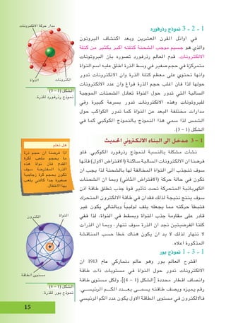 15
‫رذرفورد‬ ‫منوذج‬ 3 - 2 - 1
‫البروتون‬ ‫اكتشاف‬ ‫وبعد‬ ‫العشرين‬ ‫القرن‬ ‫اوائل‬ ‫في‬
‫كتلة‬ ‫من‬ ‫بكثير‬ ‫اكبر‬ ‫كتلته‬ ‫الشحنة‬ ‫موجب‬ ‫جسيم‬ ‫هو‬ ‫والذي‬
‫البروتونات‬ ‫بأن‬ ‫تصوره‬ ‫رذرفورد‬ ‫العالم‬ ‫قدم‬ .‫االلكترونات‬
‫النواة‬ ‫اسم‬ ‫عليه‬ ‫اطلق‬ ‫الذرة‬ ‫وسط‬ ‫في‬ ‫صغير‬ ‫حجم‬ ‫في‬ ‫متمركزة‬
‫تدور‬ ‫االلكترونات‬ ‫وان‬ ‫الذرة‬ ‫كتلة‬ ‫معظم‬ ‫على‬ ‫تحتوي‬ ‫وانها‬
‫االلكترونات‬ ‫عدد‬ ‫وان‬ ‫فراغ‬ ‫الذرة‬ ‫حجم‬ ‫اغلب‬ ‫فان‬ ‫لذا‬ ‫حولها‬
‫الموجبة‬ ‫الشحنات‬ ‫تعادل‬ ‫النواة‬ ‫حول‬ ‫تدور‬ ‫التي‬ ‫السالبة‬
‫وفي‬ ‫كبيرة‬ ‫بسرعة‬ ‫تدور‬ ‫االلكترونات‬ ‫وهذه‬ ‫للبروتونات‬
‫حول‬ ‫الكواكب‬ ‫تدور‬ ‫كما‬ ‫النواة‬ ‫عن‬ ‫البعد‬ ‫مختلفة‬ ‫مدارات‬
‫في‬ ‫كما‬ ‫الكوكبي‬ ‫بالنموذج‬ ‫النموذج‬ ‫هذا‬ ‫سمي‬ ‫لذا‬ ‫الشمس‬
.)3 - 1( ‫الشكل‬
‫احلديث‬ ‫االلكرتوين‬ ‫البناء‬ ‫اىل‬ ‫مدخل‬ 3 - 1
‫فلو‬ .‫الكوكبي‬ ‫رذرفورد‬ ‫لنموذج‬ ‫بالنسبة‬ ‫مشكلة‬ ‫نشأت‬
‫فأنها‬ )‫االول‬ ‫(االفتراض‬ ‫ساكنة‬ ‫السالبة‬ ‫االلكترونات‬ ‫ان‬ ‫فرضنا‬
‫ان‬ ‫يجب‬ ‫لذا‬ ‫بالشحنة‬ ‫لها‬ ‫المخالفة‬ ‫النواة‬ ‫الى‬ ‫تنجذب‬ ‫سوف‬
‫الشحنات‬ ‫ان‬ ‫وبما‬ )‫الثاني‬ ‫(االفتراض‬ ‫حركة‬ ‫حالة‬ ‫في‬ ‫تكون‬
‫اذن‬ ‫طاقة‬ ‫تطلق‬ ‫جذب‬ ‫قوة‬ ‫تأثير‬ ‫تحت‬ ‫المتحركة‬ ‫الكهربائية‬
‫المتحرك‬ ‫االلكترون‬ ‫طاقة‬ ‫في‬ ‫فقدان‬ ‫لذلك‬ ‫نتيجة‬ ‫ينتج‬ ‫سوف‬
‫غير‬ ‫يكون‬ ‫وبالتالي‬ ً‫ا‬‫لولبي‬ ‫يلف‬ ‫يجعله‬ ‫مما‬ ‫حركته‬ ‫فتبطأ‬
‫ففي‬ ‫لذا‬ ،‫النواة‬ ‫في‬ ‫ويسقط‬ ‫النواة‬ ‫جذب‬ ‫مقاومة‬ ‫على‬ ‫قادر‬
‫الذرات‬ ‫ان‬ ‫وبما‬ ،‫تنهار‬ ‫سوف‬ ‫الذرة‬ ‫ان‬ ‫نجد‬ ‫الفرضيتين‬ ‫كلتا‬
‫المناقشة‬ ‫حسب‬ ‫خطأ‬ ‫هناك‬ ‫يكون‬ ‫ان‬ ‫بد‬ ‫ال‬ ‫لذلك‬ ‫تنهار‬ ‫ال‬
.‫اعاله‬ ‫المذكورة‬
‫بور‬ ‫منوذج‬ 1 - 3 - 1
‫ان‬ 1913 ‫عام‬ ‫دنماركي‬ ‫عالم‬ ‫وهو‬ ‫بور‬ ‫العالم‬ ‫اقترح‬
‫طاقة‬ ‫ذات‬ ‫مستويات‬ ‫في‬ ‫النواة‬ ‫حول‬ ‫تدور‬ ‫االلكترونات‬
‫طاقة‬ ‫مستوى‬ ‫ولكل‬ ،])4 - 1( ‫الشكل‬[ ‫محددة‬ ‫اقطار‬ ‫وانصاف‬
.‫الرئيســـي‬ ‫الكــــم‬ ‫بعــــدد‬ ‫يسمـــى‬ ‫طاقته‬ ‫ويصف‬ ‫يميزه‬ ‫رقم‬
‫الرئيسي‬ ‫الكم‬ ‫عدد‬ ‫يكون‬ ‫االول‬ ‫الطاقة‬ ‫مستوى‬ ‫في‬ ‫فااللكترون‬
‫تعلم‬ ‫هل‬
‫ذرة‬ ‫حجم‬ ‫ان‬ ‫فرضنا‬ ‫اذا‬
‫لكرة‬ ‫ملعب‬ ‫بحجم‬ ‫ما‬
‫هذه‬ ‫نواة‬ ‫فأن‬ ‫القدم‬
‫سوف‬ ‫المفترضة‬ ‫الذرة‬
‫زجاجية‬ ‫كرة‬ ‫بحجم‬ ‫تكون‬
‫يلعب‬ ‫كالتي‬ ‫جدا‬ ‫صغيرة‬
.‫االطفال‬ ‫بها‬
)3 - 1( ‫الشكل‬
.‫للذرة‬ ‫رذرفورد‬ ‫نموذج‬
)4 - 1( ‫الشكل‬
.‫للذرة‬ ‫بور‬ ‫نموذج‬
‫الكترون‬ ‫النواة‬
‫الطاقة‬ ‫مستوى‬
‫النواة‬
‫االلكترونات‬ ‫حركة‬ ‫مدار‬
‫الكترونات‬
 