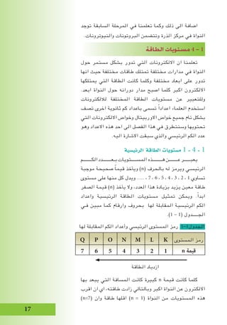 17
‫توجد‬ ‫السابقة‬ ‫المرحلة‬ ‫في‬ ‫تعلمنا‬ ‫وكما‬ ‫ذلك‬ ‫الى‬ ‫اضافة‬
.‫والنيوترونات‬ ‫البروتونات‬ ‫وتتضمن‬ ‫الذرة‬ ‫مركز‬ ‫في‬ ‫النواة‬
‫الطاقة‬ ‫م�ستويات‬ 4 - 1
‫حول‬ ‫مستمر‬ ‫بشكل‬ ‫تدور‬ ‫التي‬ ‫االلكترونات‬ ‫ان‬ ‫تعلمنا‬
‫انها‬ ‫حيث‬ ‫مختلفة‬ ‫طاقات‬ ‫تمتلك‬ ‫مختلفة‬ ‫مدارات‬ ‫في‬ ‫النواة‬
‫يمتلكها‬ ‫التي‬ ‫الطاقة‬ ‫كانت‬ ‫وكلما‬ ‫مختلفة‬ ‫ابعاد‬ ‫على‬ ‫تدور‬
.‫ابعد‬ ‫النواة‬ ‫حول‬ ‫دورانه‬ ‫مدار‬ ‫اصبح‬ ‫كلما‬ ‫اكبر‬ ‫االلكترون‬
‫لاللكترونات‬ ‫المختلفة‬ ‫الطاقة‬ ‫مستويات‬ ‫عن‬ ‫وللتعبير‬
‫تصف‬ ‫اخرى‬ ‫ثانوية‬ ‫كم‬ ‫باعداد‬ ‫تسمى‬ ً‫ا‬‫اعداد‬ ‫العلماء‬ ‫استخدم‬
‫التي‬ ‫االلكترونات‬ ‫وخواص‬ ‫االوربيتال‬ ‫خواص‬ ‫جميع‬ ‫تام‬ ‫بشكل‬
‫وهو‬ ‫االعداد‬ ‫هذه‬ ‫احد‬ ‫الى‬ ‫الفصل‬ ‫هذا‬ ‫في‬ ‫وسنتطرق‬ ‫تحتويها‬
.‫اليه‬ ‫االشارة‬ ‫سبقت‬ ‫والذي‬ ‫الرئيسي‬ ‫الكم‬ ‫عدد‬
‫الرئي�سية‬ ‫الطاقة‬ ‫م�ستويات‬ 1 - 4 - 1
‫الكــــــــم‬‫بـعــــــــدد‬‫المســـــتويات‬‫هـــــــــذه‬‫عــــــــن‬‫يعبــــــر‬
‫موجبة‬ ‫صحيحة‬ ً‫ا‬‫قيم‬ ‫ويأخذ‬ )n( ‫بالحرف‬ ‫له‬ ‫ويرمز‬ ‫الرئيسـي‬
‫مستوى‬ ‫على‬ ‫منها‬ ‫كل‬ ‫ويدل‬ ..... ، 7 ، 6 ، 5 ، 4 ، 3 ، 2 ، 1 ‫تساوي‬
‫الصفر‬ ‫قيمة‬ )n( ‫يأخذ‬ ‫وال‬ ،‫العدد‬ ‫هذا‬ ‫بزيادة‬ ‫يزيد‬ ‫معين‬ ‫طاقة‬
‫واعداد‬ ‫الرئيسية‬ ‫الطاقة‬ ‫مستويات‬ ‫تمثيل‬ ‫ويمكن‬ .ً‫ا‬‫ابد‬
‫فـي‬ ‫مبين‬ ‫كما‬ ‫وارقام‬ ‫بحروف‬ ‫لها‬ ‫المقابلة‬ ‫الرئيسية‬ ‫الكم‬
.)1 - 1( ‫الجـــــدول‬
‫المستوى‬ ‫رمز‬KLMNOPQ
n ‫قيمة‬1234567
‫بها‬ ‫يبعد‬ ‫التي‬ ‫المسافة‬ ‫كانت‬ ‫كبيرة‬ n ‫قيمة‬ ‫كانت‬ ‫كلما‬
‫اقرب‬ ‫ان‬ ‫اي‬ ،‫طاقته‬ ‫زادت‬ ‫وبالتالي‬ ‫اكبر‬ ‫النواة‬ ‫عن‬ ‫االلكترون‬
)n=7( ‫وان‬ ‫طاقة‬ ‫اقلها‬ )n = 1( ‫النواة‬ ‫من‬ ‫المستويات‬ ‫هذه‬
‫لها‬ ‫المقابلة‬ ‫الكم‬ ‫وأعداد‬ ‫الرئيسي‬ ‫المستوى‬ ‫رمز‬ 1-1‫الجدول‬
‫الطاقة‬ ‫ازدياد‬
 