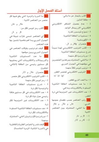 ‫كل‬ ‫فيها‬ ‫يقع‬ ‫التي‬ ‫والزمرة‬ ‫الدورة‬ ‫ما‬ 8.1
: ‫االتية‬ ‫العناصر‬ ‫من‬ ‫عنصر‬
18
Ar ‫و‬ 11
Na
: ‫من‬ ‫لكل‬ ‫لويس‬ ‫رمز‬ ‫اكتب‬ 9.1
16
S ‫و‬ 5
B
‫في‬ ‫نبيلة‬ ‫غازات‬ ‫تسمى‬ ‫العناصر‬ ‫اي‬ 10.1
‫بها‬ ‫تتميز‬ ‫خاصية‬ ‫اهم‬ ‫وما‬ ‫الدوري‬ ‫الجدول‬
.‫العناصر‬ ‫هذه‬
‫في‬ ‫العناصر‬ ‫بلوكات‬ ‫ترتيب‬ ‫تم‬ ‫كيف‬ 11.1
.‫موقعها‬ ‫وبين‬ ‫الدوري‬ ‫الجدول‬
‫الثانوية‬ ‫المستويات‬ ‫عدد‬ ‫ما‬ 12.1
‫يحتويها‬ ‫التي‬ ‫وااللكترونات‬ ‫واالوربيتاالت‬
،‫(الثاني‬ ‫الطاقة‬ ‫من‬ ‫رئيسي‬ ‫مستوى‬ ‫كل‬
.)‫الثالث‬
17
Cl ‫و‬ 11
Na ‫عنصران‬ 13.1
.‫عنصر‬ ‫لكل‬ ‫االلكتروني‬ ‫الترتيب‬ ‫اكتب‬ - 1
.‫منهما‬ ‫لكل‬ ‫لويس‬ ‫رمز‬ - 2
‫الثانوية‬ ‫الطاقة‬ ‫مستويات‬ ‫تدرج‬ - 3
.‫ذرة‬ ‫لكل‬ ‫والرئيسية‬
‫طاقة‬ ‫مستوى‬ ‫كل‬ ‫في‬ ‫االلكترونات‬ ‫عدد‬ - 4
.‫ذرة‬ ‫كل‬ ‫نواة‬ ‫حول‬ ‫رئيسي‬
‫لكل‬ ‫المزدوجة‬ ‫غير‬ ‫االلكترونات‬ ‫عدد‬ - 5
.‫ذرة‬
‫المملوءة‬ ‫الثانوية‬ ‫الطاقة‬ ‫مستويات‬ ‫عدد‬ - 6
.‫ذرة‬ ‫لكل‬ ‫بااللكترونات‬
‫المشترك‬‫الشيء‬‫ن‬ّ‫وبي‬‫ذرة‬‫كل‬‫وزمرة‬‫دورة‬-7
.‫بينهما‬
‫والالفلزية‬‫الفلزية‬‫الخواص‬‫تتدرج‬‫كيف‬ 14.1
.)‫الخامسة‬ ‫الزمرة‬ ،‫الثانية‬ ‫(الدورة‬ ‫في‬
:‫يأتي‬ ‫ما‬ ‫عن‬ ‫بايجاز‬ ‫اكتب‬ 3.1
.‫التأين‬ ‫طاقة‬ - 1
‫االلكتروني‬ ‫التنافر‬ ‫حصول‬ ‫عدم‬ - 2
.‫الواحد‬ ‫االوربيتال‬ ‫اللكتروني‬
.‫للذرة‬ ‫ثومسون‬ ‫نموذج‬ - 3
.‫الثانوية‬ ‫الطاقة‬ ‫ت‬ ‫مستويا‬ - 4
.‫الكهرسلبية‬ - 5
: 16
S ‫و‬ 12
Mg ‫عنصران‬ 4.1
ً‫ا‬‫مبين‬ ‫لهما‬ ‫االلكتروني‬ ‫الترتيب‬ ‫اكتب‬ - 1
.‫الثانوية‬ ‫الطاقة‬ ‫مستويات‬ ‫تدرج‬
.‫منهما‬ ‫كل‬ ‫وزمرة‬ ‫دورة‬ - 2
‫العنصرين‬‫هذين‬‫بين‬‫المشترك‬‫الشيء‬‫ما‬-3
.‫الدوري‬ ‫الجدول‬ ‫في‬ ‫موقعهما‬ ‫في‬
.‫منهما‬ ً‫ال‬‫لك‬ ‫لويس‬ ‫ترتيب‬ - 4
‫الفلور‬ ‫لعنصر‬ ‫االلكتروني‬ ‫الترتيب‬ 5.1
1s2
2s2
2p5
.‫للفلور‬ ‫الذري‬ ‫العدد‬ ‫ما‬ - 1
‫الثانوية‬ ‫الطاقة‬ ‫مستويات‬ ‫عدد‬ ‫ما‬ - 2
.‫هي‬ ‫وما‬ ‫بااللكترونات‬ ‫المملوءة‬
‫ذرة‬ ‫في‬ ‫المزدوجة‬ ‫غير‬ ‫االلكترونات‬ ‫عدد‬ - 3
.‫الفلور‬
‫حجمها‬ ‫نقصان‬ ‫حسب‬ ‫العناصر‬ ‫رتب‬ 6.1
2
He ‫و‬ 10
Ne ‫و‬ 18
Ar : ‫الذري‬
‫العناصر‬ ‫بين‬ ‫المشترك‬ ‫الشيء‬ ‫ما‬ 7.1
:‫االتية‬
3
Li ‫و‬ 1
H - 1
17
Cl ‫و‬ 13
Al - 2
‫األول‬ ‫الفصل‬ ‫أسئلة‬
40
 