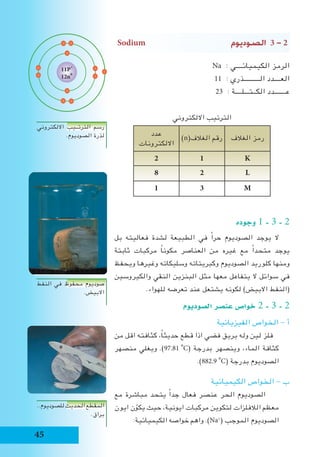 45
Sodium ‫ال�صوديوم‬ 3 - 2
Na : ‫الكيميائــــي‬ ‫الرمز‬
11 : ‫الــــــــــذري‬ ‫العــــدد‬
23 : ‫الكــتـــلــــة‬ ‫عـــــــدد‬
‫االلكتروني‬ ‫الترتيب‬
‫الغالف‬ ‫رمز‬)n(‫الغالف‬ ‫رقم‬
‫عدد‬
‫االلكترونات‬
K12
L28
M31
‫وجوده‬ 1 - 3 - 2
‫بل‬ ‫فعاليته‬ ‫لشدة‬ ‫الطبيعة‬ ‫في‬ ً‫ا‬‫حر‬ ‫الصوديوم‬ ‫يوجد‬ ‫ال‬
‫ثابتة‬ ‫مركبات‬ ً‫ا‬‫مكون‬ ‫العناصر‬ ‫من‬ ‫غيره‬ ‫مع‬ ً‫ا‬‫متحد‬ ‫يوجد‬
‫ويحفظ‬ ‫وغيرها‬ ‫وسليكاته‬ ‫وكبريتاته‬ ‫الصوديوم‬ ‫كلوريد‬ ‫ومنها‬
‫والكيروسين‬ ‫النقي‬ ‫البنزين‬ ‫مثل‬ ‫معها‬ ‫يتفاعل‬ ‫ال‬ ‫سوائل‬ ‫في‬
.‫للهواء‬ ‫تعرضه‬ ‫عند‬ ‫يشتعل‬ ‫لكونه‬ )‫االبيض‬ ‫(النفط‬
‫ال�صوديوم‬ ‫عن�صر‬ ‫خوا�ص‬ 2 - 3 - 2
‫الفيزيائية‬ ‫الخواص‬ - ‫أ‬
‫من‬ ‫اقل‬ ‫كثافته‬ ،ً‫ا‬‫حديث‬ ‫قطع‬ ‫اذا‬ ‫فضي‬ ‫بريق‬ ‫وله‬ ‫لين‬ ‫فلز‬
‫منصهر‬ ‫ويغلي‬ .)97.81i
o
C( ‫بدرجة‬ ‫وينصهر‬ ،‫الماء‬ ‫كثافة‬
.)882.9i
o
C( ‫بدرجة‬ ‫الصوديوم‬
‫الكيميائية‬ ‫الخواص‬ - ‫ب‬
‫مع‬ ‫مباشرة‬ ‫يتحد‬ ً‫ا‬‫جد‬ ‫فعال‬ ‫عنصر‬ ‫الحر‬ ‫الصوديوم‬
‫ايون‬ ‫ن‬ّ‫يكو‬ ‫حيث‬ ،‫ايونية‬ ‫مركبات‬ ‫لتكوين‬ ‫الالفلزات‬ ‫معظم‬
:‫الكيميائية‬ ‫خواصه‬ ‫واهم‬ .)Na+
( ‫الموجب‬ ‫الصوديوم‬
‫االلكتروني‬ ‫الترتــيب‬ ‫رسم‬
.‫الصوديوم‬ ‫لذرة‬
‫النفط‬ ‫في‬ ‫محفوظ‬ ‫صوديوم‬
.‫االبيض‬
..‫للصوديوم‬‫الحديث‬‫المقطع‬
.‫براق‬
11P+
12n0
 