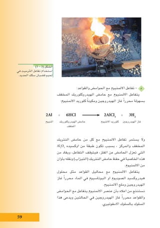 59
:‫والقواعد‬ ‫الحوامض‬ ‫مع‬ ‫االلمنيوم‬ ‫تفاعل‬ – ‫د‬
‫المخفف‬ ‫الهيدروكلوريك‬ ‫حامض‬ ‫مع‬ ‫االلمنيوم‬ ‫يتفاعل‬
:‫االلمنيوم‬ ‫كلوريد‬ ً‫ا‬‫ومكون‬ ‫الهيدروجين‬ ‫غاز‬ ً‫ا‬‫محرر‬ ‫بسهولة‬
‫النتريك‬ ‫حامض‬ ‫من‬ ‫كل‬ ‫مع‬ ‫االلمنيوم‬ ‫تفاعل‬ ‫يستمر‬ ‫وال‬
Al2
O3
‫اوكسيده‬ ‫من‬ ‫طبقة‬ ‫تكون‬ ‫بسبب‬ ، ‫والمركز‬ ‫المخفف‬
‫من‬ ‫ويفاد‬ ،‫التفاعل‬ ‫فيتوقف‬ ،‫الفلز‬ ‫عن‬ ‫الحامض‬ ‫تعزل‬ ‫التي‬
‫بأوان‬ ‫ونقله‬ )‫(التيزاب‬ ‫النتريك‬ ‫حامض‬ ‫حفظ‬ ‫في‬ ‫الخاصية‬ ‫هذه‬
.‫االلمنيوم‬ ‫من‬
‫محلول‬ ‫مثل‬ ‫القواعد‬ ‫محاليل‬ ‫مع‬ ‫االلمنيوم‬ ‫يتفاعل‬
‫غاز‬ ً‫ا‬‫محرر‬ ‫الماء‬ ‫في‬ ‫البوتاسيوم‬ ‫او‬ ‫الصوديوم‬ ‫هيدروكسيد‬
.‫االلمنيوم‬ ‫وملح‬ ‫الهيدروجين‬
‫الحوامض‬ ‫مع‬ ‫يتفاعل‬ ‫االلمنيوم‬ ‫عنصر‬ ‫بأن‬ ‫اعاله‬ ‫من‬ ‫نستنتج‬
‫هذا‬ ‫ويدعى‬ ‫الحالتين‬ ‫في‬ ‫الهيدروجين‬ ‫غاز‬ ً‫ا‬‫محرر‬ ‫والقواعد‬
.‫االمفوتيري‬ ‫بالسلوك‬ ‫السلوك‬
2Al + 6HCl 2AlCl3
+ 3H2
‫املنيوم‬ ‫الهيدروكلوريك‬ ‫حامض‬ ‫االملنيوم‬ ‫كلوريد‬ ‫الهيدروجني‬ ‫غاز‬
‫املخفف‬
)3 - 3( ‫الشكل‬
‫في‬ ‫الثرميت‬ ‫تفاعل‬ ‫استخدام‬
.‫الحديد‬ ‫سكك‬ ‫قضبان‬ ‫لحيم‬
 