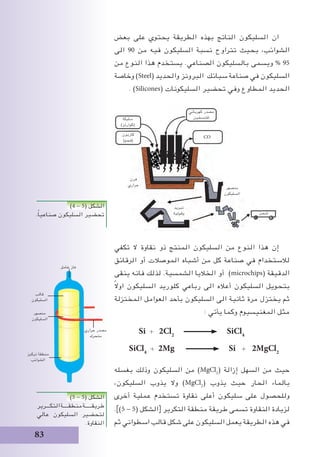 83
‫بعض‬ ‫على‬ ‫يحتوي‬ ‫الطريقة‬ ‫بهذه‬ ‫الناتج‬ ‫السليكون‬ ‫ان‬
‫الى‬ 90 ‫من‬ ‫فيه‬ ‫السليكون‬ ‫نسبة‬ ‫تتراوح‬ ‫بحيث‬ ،‫الشوائب‬
‫من‬ ‫النوع‬ ‫هذا‬ ‫يستخدم‬ .‫الصناعي‬ ‫بالسليكون‬ ‫ويسمى‬ % 95
‫وخاصة‬ )Steel( ‫والحديد‬ ‫البرونز‬ ‫سبائك‬ ‫صناعة‬ ‫في‬ ‫السليكون‬
. )Silicones( ‫السليكونات‬ ‫تحضير‬ ‫وفي‬ ‫المطاوع‬ ‫الحديد‬
‫تكفي‬ ‫ال‬ ‫نقاوة‬ ‫ذو‬ ‫المنتج‬ ‫السليكون‬ ‫من‬ ‫النوع‬ ‫هذا‬ ‫إن‬
‫الرقائق‬ ‫أو‬ ‫الموصالت‬ ‫أشباه‬ ‫من‬ ‫كل‬ ‫صناعة‬ ‫في‬ ‫لالستخدام‬
‫ينقى‬ ‫فانه‬ ‫لذلك‬ .‫الشمسية‬ ‫الخاليا‬ ‫أو‬ )microchips( ‫الدقيقة‬
ً‫ال‬‫او‬ ‫السليكون‬ ‫كلوريد‬ ‫رباعي‬ ‫الى‬ ‫أعاله‬ ‫السليكون‬ ‫بتحويل‬
‫المختزلة‬ ‫العوامل‬ ‫بأحد‬ ‫السليكون‬ ‫الى‬ ‫ثانية‬ ‫مرة‬ ‫يختزل‬ ‫ثم‬
: ‫يأتي‬ ‫وكما‬ ‫المغنيسيوم‬ ‫مثل‬
Si + 2Cl2
SiCl4
SiCl4
+ 2Mg Si + 2MgCl2
‫بغسله‬ ‫وذلك‬ ‫السليكون‬ ‫من‬ )MgCl2
( ‫إزالة‬ ‫السهل‬ ‫من‬ ‫حيث‬
،‫السليكون‬ ‫يذوب‬ ‫وال‬ )MgCl2
( ‫يذوب‬ ‫حيث‬ ‫الحار‬ ‫بالماء‬
‫أخرى‬ ‫عملية‬ ‫تستخدم‬ ‫نقاوة‬ ‫أعلى‬ ‫سليكون‬ ‫على‬ ‫وللحصول‬
.])5 - 5( ‫الشكل‬[ ‫التكرير‬ ‫منطقة‬ ‫طريقة‬ ‫تسمى‬ ‫النقاوة‬ ‫لزيادة‬
‫ثم‬ ‫اسطواني‬ ‫قالب‬ ‫شكل‬ ‫على‬ ‫السليكون‬ ‫يعمل‬ ‫الطريقة‬ ‫هذه‬ ‫في‬
)5 - 5( ‫الشكل‬
‫التكـــرير‬‫منطقــــة‬‫طريقـــــة‬
‫عالي‬ ‫السليكون‬ ‫لتحضير‬
.‫النقاوة‬
)4 - 5( ‫الشكل‬
.ً‫ا‬‫صناعي‬ ‫السليكون‬ ‫تحضير‬
‫سليكا‬
)‫(كوارتز‬
‫كاربون‬
)‫(فحم‬
‫كهربائي‬ ‫مصدر‬
‫للتسخين‬
CO
‫شحن‬
‫منصهر‬
‫السليكون‬
‫تبريد‬
‫وقولبة‬
‫فرن‬
‫حراري‬
‫تركيز‬ ‫منطقة‬
‫الشوائب‬
‫منصهر‬
‫السليكون‬
‫قالب‬
‫السليكون‬
‫حراري‬ ‫مصدر‬
‫متحرك‬
‫خامل‬ ‫غاز‬
 