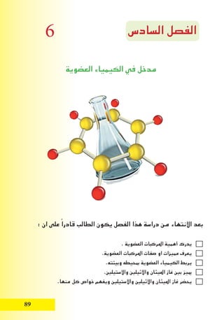 89
‫السادس‬ ‫الفصل‬
‫العضوية‬ ‫الكيمياء‬ ‫في‬ ‫مدخل‬
: ‫ان‬ ‫على‬ ً‫قادرا‬ ‫الطالب‬ ‫يكون‬ ‫الفصل‬ ‫هذا‬ ‫دراسة‬ ‫من‬ ‫االنتهاء‬ ‫بعد‬
. ‫العضوية‬ ‫املركبات‬ ‫أهمية‬ ‫يدرك‬
.‫العضوية‬ ‫املركبات‬ ‫صفات‬ ‫او‬ ‫مميزات‬ ‫يعرف‬
.‫وبيئته‬ ‫مبحيطه‬ ‫العضوية‬ ‫الكيمياء‬ ‫يربط‬
.‫واالستيلني‬ ‫واالثيلني‬ ‫امليثان‬ ‫غاز‬ ‫بني‬ ‫مييز‬
.‫منها‬ ‫كل‬ ‫خواص‬ ‫ويفهم‬ ‫واالستيلني‬ ‫واالثيلني‬ ‫امليثان‬ ‫غاز‬ ‫يحضر‬
6
 