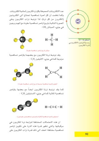 92
.‫الكترونات‬‫ثمانية‬‫كاربون‬‫ذرة‬‫بكل‬‫المحيطة‬‫االلكترونات‬‫عدد‬
‫الكترونين‬ ‫الى‬ ‫تحتاج‬ ‫تساهمية‬ ‫اصرة‬ ‫كل‬ ‫ان‬ ‫تعلمت‬ ‫وكما‬
‫وعلى‬ ‫الكاربون‬ ‫ذرات‬ ‫ترتبط‬ ‫لذا‬ ،)‫ذرة‬ ‫كل‬ ‫من‬ ‫(الكترون‬
‫الهيدروجين‬ ‫مع‬ ‫مفردة‬ ‫تساهمية‬ ‫اواصر‬ ‫باربع‬ ‫التالية‬ ‫الصورة‬
: CH4
‫الميثان‬ ‫جزيء‬ ‫في‬
‫تساهمية‬ ‫باواصر‬ ‫بعضهما‬ ‫مع‬ ‫الكاربون‬ ‫ذرتا‬ ‫ترتبط‬ ‫وقد‬
: C2
H4
‫االثيلين‬ ‫جزيء‬ ‫في‬ ‫كما‬ ‫مزدوجة‬
‫باواصر‬ ‫بعضها‬ ‫مع‬ ً‫ا‬‫ايض‬ ‫الكاربون‬ ‫ذرتا‬ ‫ترتبط‬ ‫وقد‬ ‫كما‬
: C2
H2
‫االستيلين‬ ‫جزيء‬ ‫في‬ ‫كما‬ ‫ثالثية‬ ‫تساهمية‬
‫في‬ ‫الكاربون‬ ‫ذرة‬ ‫لترابط‬ ‫المختلفة‬ ‫االحتماالت‬ ‫هذه‬ ‫ان‬
‫اواصر‬ ‫تكوين‬ ‫على‬ ‫الذرة‬ ‫هذه‬ ‫قدرة‬ ‫تظهر‬ ‫والتي‬ ،‫مركباتها‬
‫على‬ ‫الكاربون‬ ‫ذرات‬ ‫قدرة‬ ‫ذلك‬ ‫الى‬ ‫اضف‬ ،‫مختلفة‬ ‫تساهمية‬
H
H C H
H
H C C H
)‫مفردة‬ ‫تساهمية‬ ‫اواصر‬ ‫(اربع‬ ‫ميثان‬
) ‫مفردة‬ ‫تساهمية‬ ‫اواصر‬ ‫واربع‬ ‫مزدوجة‬ ‫تساهمية‬ ‫(اصرة‬ ‫اثيلين‬
C C
H
H
H
H
) ‫مفردتين‬ ‫تساهميتين‬ ‫واصرتين‬ ‫ثالثية‬ ‫تساهمية‬ ‫(اصرة‬ ‫استيلين‬
)1 - 6( ‫الشكل‬
‫االلكترونـــي‬‫الترتيب‬‫رســـم‬
.‫الكاربون‬ ‫لذرة‬
6P+
6n0
 