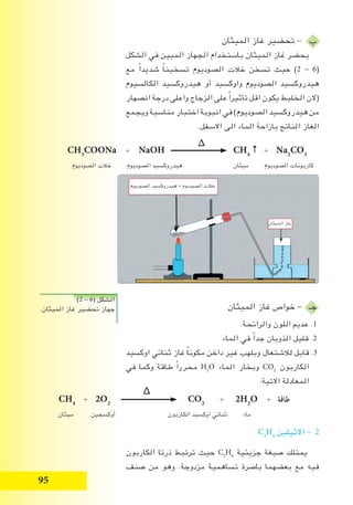 95
‫الميثان‬ ‫غاز‬ ‫تحضير‬ - ‫ب‬
‫الشكل‬ ‫في‬ ‫المبين‬ ‫الجهاز‬ ‫باستخدام‬ ‫الميثان‬ ‫غاز‬ ‫يحضر‬
‫مع‬ ً‫ا‬‫شديد‬ ً‫ا‬‫تسخين‬ ‫الصوديوم‬ ‫خالت‬ ‫تسخن‬ ‫حيث‬ )2 - 6(
‫الكالسيوم‬ ‫هيدروكسيد‬ ‫أو‬ ‫واوكسيد‬ ‫الصوديوم‬ ‫هيدروكسيد‬
‫انصهار‬ ‫درجة‬ ‫واعلى‬ ‫الزجاج‬ ‫على‬ ً‫ا‬‫تأثير‬ ‫اقل‬ ‫يكون‬ ‫الخليط‬ ‫(الن‬
‫ويجمع‬ ‫مناسبة‬ ‫اختبار‬ ‫انبوبة‬ ‫في‬ )‫الصوديوم‬ ‫هيدروكسيد‬ ‫من‬
.‫االسفل‬ ‫الى‬ ‫الماء‬ ‫بازاحة‬ ‫الناتج‬ ‫الغاز‬
‫الميثان‬ ‫غاز‬ ‫خواص‬ - ‫جـ‬
.‫والرائحة‬ ‫اللون‬ ‫عديم‬ .1
‫الماء‬ ‫في‬ ً‫ا‬‫جد‬ ‫الذوبان‬ ‫قليل‬ .2
‫اوكسيد‬ ‫ثنائي‬ ‫غاز‬ ً‫ا‬‫مكون‬ ‫داخن‬ ‫غير‬ ‫وبلهب‬ ‫لالشتعال‬ ‫قابل‬ .3
‫في‬ ‫وكما‬ ‫طاقة‬ ً‫ا‬‫محرر‬ H2
O ‫الماء‬ ‫وبخار‬ CO2
‫الكاربون‬
:‫االتية‬ ‫المعادلة‬
C2
H4
‫االثيلين‬ - 2
‫الكاربون‬ ‫ذرتا‬ ‫ترتبط‬ ‫حيث‬ C2
H4
‫جزيئية‬ ‫صيغة‬ ‫يمتلك‬
‫صنف‬ ‫من‬ ‫وهو‬ .‫مزدوجة‬ ‫تساهمية‬ ‫باصرة‬ ‫بعضهما‬ ‫مع‬ ‫فيه‬
∆
CH3
COONa + NaOH CH4
↑ + Na2
CO3
‫الصوديوم‬ ‫خالت‬ ‫الصوديوم‬ ‫هيدروكسيد‬ ‫ميثان‬ ‫الصوديوم‬ ‫كاربونات‬
∆
CH4
+ 2O2
CO2
+ 2H2
O + ‫طاقة‬
‫ميثان‬ ‫أوكسجين‬ ‫الكاربون‬ ‫اوكسيد‬ ‫ثنائي‬ ‫ماء‬
‫الصوديوم‬ ‫هيدروكسيد‬ + ‫الصوديوم‬ ‫خالت‬
‫الميثان‬ ‫غاز‬
)2 - 6( ‫الشكل‬
.‫الميثان‬ ‫غاز‬ ‫تحضير‬ ‫جهاز‬
 