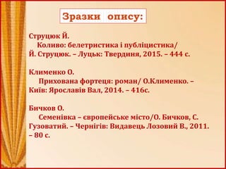 Зразки опису:
Струцюк Й.
Коливо: белетристика і публіцистика/
Й. Струцюк. – Луцьк: Твердиня, 2015. – 444 с.
Клименко О.
Прихована фортеця: роман/ О.Клименко. –
Київ: Ярославів Вал, 2014. – 416с.
Бичков О.
Семенівка – європейське місто/О. Бичков, С.
Гузоватий. – Чернігів: Видавець Лозовий В., 2011.
– 80 с.
 