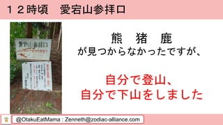 @OtakuEatMama : Zenneth@zodiac-alliance.com
１２時頃 愛宕山参拝口
熊 猪 鹿
が見つからなかったですが、
自分で登山、
自分で下山をしました
 