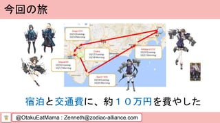 @OtakuEatMama : Zenneth@zodiac-alliance.com
今回の旅
宿泊と交通費に、約１０万円を費やした
 
