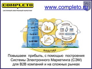 Повышаем прибыль, с помощью построения
Системы Электронного Маркетинга (СЭМ)
для B2B компаний и на сложных рынках
www.completo.ru
 