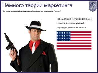 Концепция интенсификации
коммерческих усилий
характерна для США 30-70 годов
На каком уровне сейчас находится большинство компаний в России?
Немного теории маркетинга
 