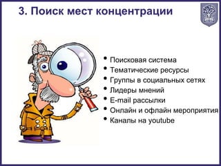 • Поисковая система
• Тематические ресурсы
• Группы в социальных сетях
• Лидеры мнений
• E-mail рассылки
• Онлайн и офлайн мероприятия
• Каналы на youtube
3. Поиск мест концентрации
 