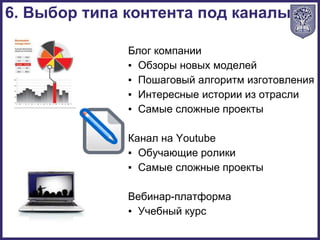 Блог компании
▪ Обзоры новых моделей
▪ Пошаговый алгоритм изготовления
▪ Интересные истории из отрасли
▪ Самые сложные проекты
Канал на Youtube
▪ Обучающие ролики
▪ Самые сложные проекты
Вебинар-платформа
▪ Учебный курс
6. Выбор типа контента под каналы
 