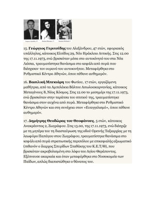 15. Γεώργιος Γεριτσίδης του Αλεξάνδρου, 47 ετών, εφοριακός
υπάλληλος, κάτοικος Ελπίδος 29, Νέο Ηράκλειο Αττικής. Στις 12.00
της 17.11.1973, ενώ βρισκόταν μέσα στο αυτοκίνητό του στα Νέα
Λιόσια, τραυματίστηκεθανάσιμα στο κεφάλιαπό πυρά που
διέσχισαν τον ουρανό του αυτοκινήτου. Μεταφέρθηκεστο
Ρυθμιστικό Κέντρο Αθηνών, όπου πέθανε αυθημερόν.
16. Βασιλική Μπεκιάρη του Φωτίου, 17 ετών, εργαζόμενη
μαθήτρια, από τα Αμπελάκια Βάλτου Αιτωλοακαρνανίας, κάτοικος
Μεταγένους 8, Νέος Κόσμος. Στις 12.00 το μεσημέρι της 17.11.1973,
ενώ βρισκόταν στην ταράτσα του σπιτιού της, τραυματίστηκε
θανάσιμα στον αυχένα από πυρά. Μεταφέρθηκεστο Ρυθμιστικό
Κέντρο Αθηνών και στη συνέχεια στον «Ευαγγελισμό», όπου πέθανε
αυθημερόν.
17. Δημήτρης Θεοδώρας του Θεοφάνους, 5 ετών, κάτοικος
Ανακρέοντος 2, Ζωγράφου. Στις 13.00, της 17.11.1973, ενώ διέσχιζε
με τη μητέρα του τη διασταύρωση της οδού Ορεινής Ταξιαρχίας με τη
λεωφόρο Παπάγου στου Ζωγράφου, τραυματίστηκεθανάσιμα στο
κεφάλιαπό πυρά στρατιωτικής περιπόλου με επικεφαλής αξιωματικό
(πιθανόν ο ίλαρχος Σπυρίδων Σταθάκης του Κ.Ε.Τ/Θ), που
βρισκόταν ακροβολισμένη στο λόφο του Αγίου Θεράποντος.
Εξέπνευσε ακαριαία και όταν μεταφέρθηκεστο Νοσοκομείο των
Παίδων, απλώς διαπιστώθηκε ο θάνατος του.
 