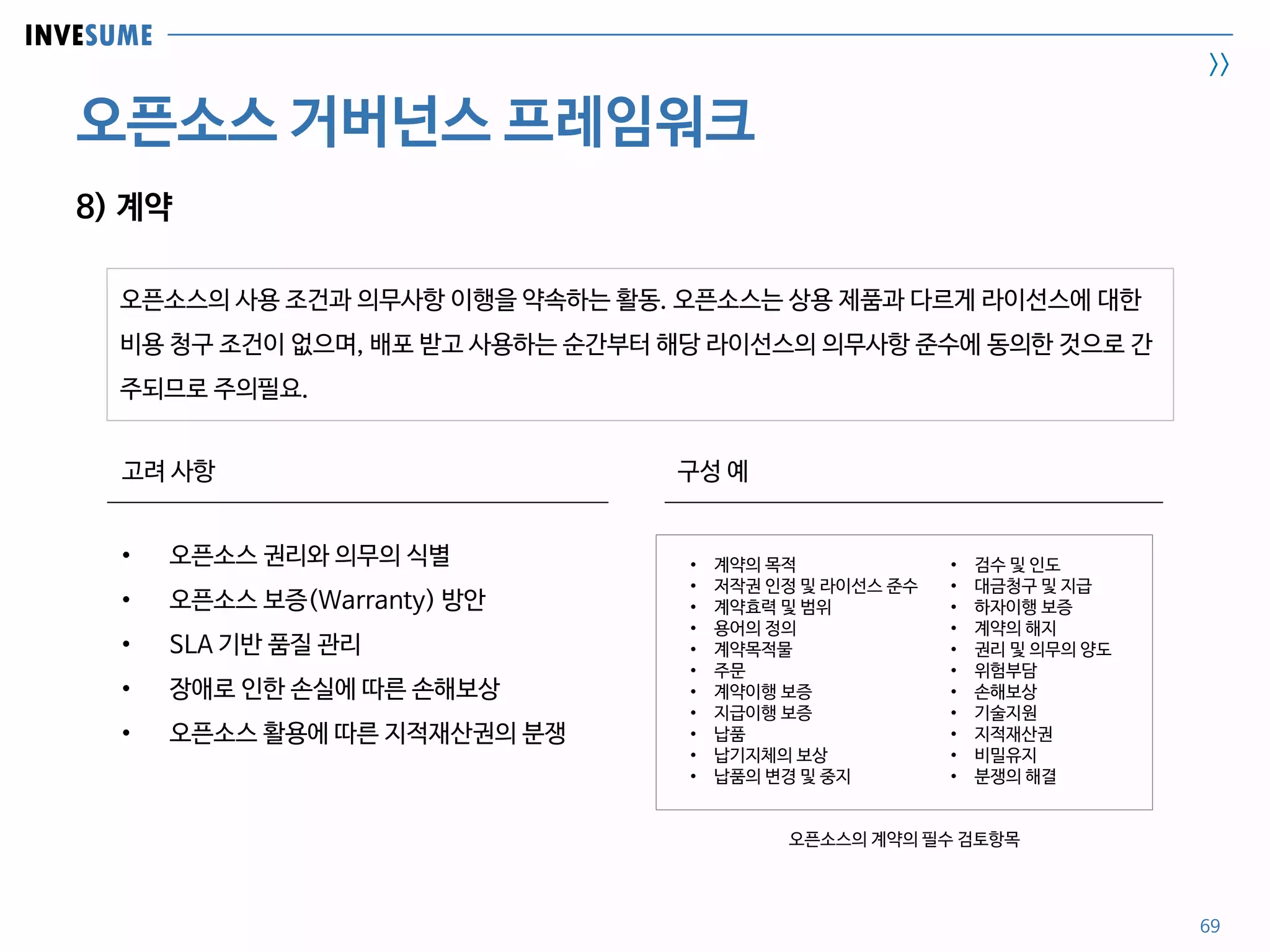 INVESUME
>>
오픈소스 거버넌스 프레임워크
오픈소스의 사용 조건과 의무사항 이행을 약속하는 활동. 오픈소스는 상용 제품과 다르게 라이선스에 대한
비용 청구 조건이 없으며, 배포 받고 사용하는 순간부터 해당 라이선스의 의무사항 준수에 동의한 것으로 간
주되므로 주의필요.
69
8) 계약
• 오픈소스 권리와 의무의 식별
• 오픈소스 보증(Warranty) 방안
• SLA 기반 품질 관리
• 장애로 인한 손실에 따른 손해보상
• 오픈소스 활용에 따른 지적재산권의 분쟁
고려 사항 구성 예
• 계약의 목적
• 저작권 인정 및 라이선스 준수
• 계약효력 및 범위
• 용어의 정의
• 계약목적물
• 주문
• 계약이행 보증
• 지급이행 보증
• 납품
• 납기지체의 보상
• 납품의 변경 및 중지
• 검수 및 인도
• 대금청구 및 지급
• 하자이행 보증
• 계약의 해지
• 권리 및 의무의 양도
• 위험부담
• 손해보상
• 기술지원
• 지적재산권
• 비밀유지
• 분쟁의 해결
오픈소스의 계약의 필수 검토항목
 