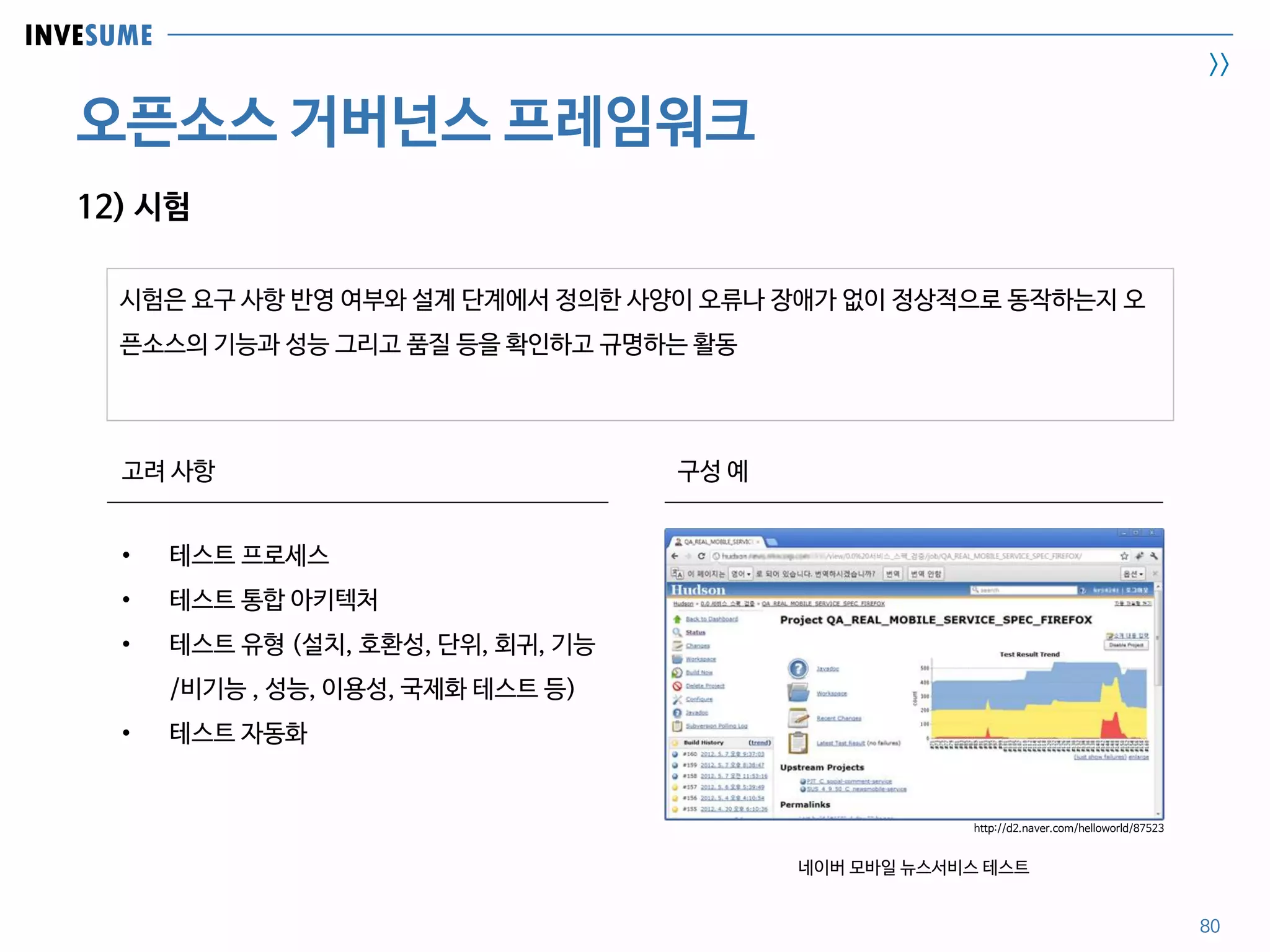 INVESUME
>>
오픈소스 거버넌스 프레임워크
시험은 요구 사항 반영 여부와 설계 단계에서 정의한 사양이 오류나 장애가 없이 정상적으로 동작하는지 오
픈소스의 기능과 성능 그리고 품질 등을 확인하고 규명하는 활동
80
12) 시험
고려 사항 구성 예
• 테스트 프로세스
• 테스트 통합 아키텍처
• 테스트 유형 (설치, 호환성, 단위, 회귀, 기능
/비기능 , 성능, 이용성, 국제화 테스트 등)
• 테스트 자동화
http://d2.naver.com/helloworld/87523
네이버 모바일 뉴스서비스 테스트
 