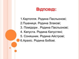ВІДПОВІДІ:
1.Картопля. Родина Пасльонові;
2.Пшениця. Родина Злакові;
3. Помідори . Родина Пасльонові;
4. Капуста. Родина Капустяні;
5. Соняшник. Родина Айстрові;
6.Арахіс. Родина Бобові.
 