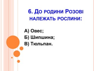 6. ДО РОДИНИ РОЗОВІ
НАЛЕЖАТЬ РОСЛИНИ:
А) Овес;
Б) Шипшина;
В) Тюльпан.
 