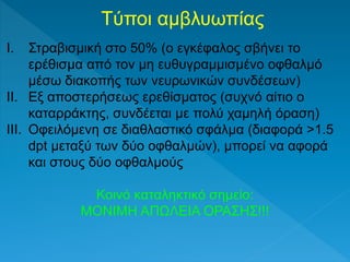 Tύποι αμβλυωπίας
I. Στραβισμική στο 50% (ο εγκέφαλος σβήνει το
ερέθισμα από τον μη ευθυγραμμισμένο οφθαλμό
μέσω διακοπής των νευρωνικών συνδέσεων)
II. Εξ αποστερήσεως ερεθίσματος (συχνό αίτιο ο
καταρράκτης, συνδέεται με πολύ χαμηλή όραση)
III. Οφειλόμενη σε διαθλαστικό σφάλμα (διαφορά >1.5
dpt μεταξύ των δύο οφθαλμών), μπορεί να αφορά
και στους δύο οφθαλμούς
Κοινό καταληκτικό σημείο:
ΜΟΝΙΜΗ ΑΠΩΛΕΙΑ ΟΡΑΣΗΣ!!!
 